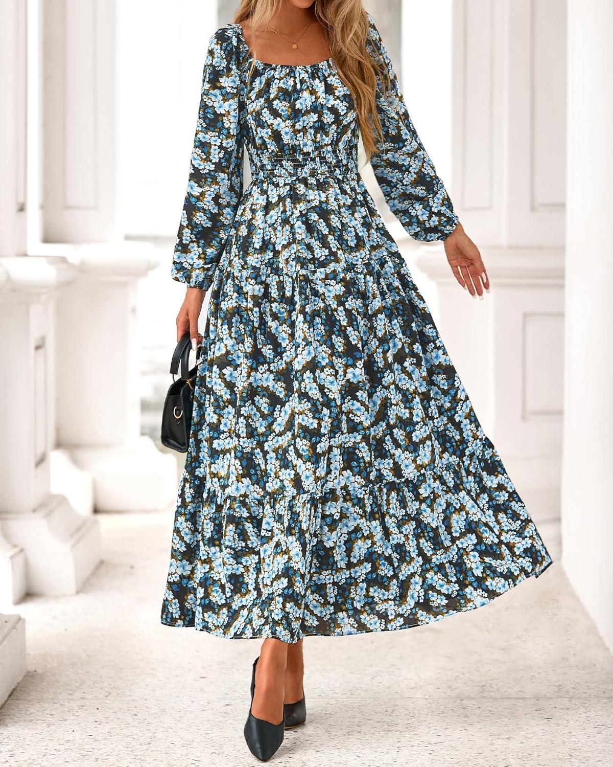 imageBTFBM Fall Dresses for Women 2025 Long Sleeve Boho Floral Empire Waist Square Neck Casual Flowy Wedding Guest Maxi DressFloral Blue Yellow