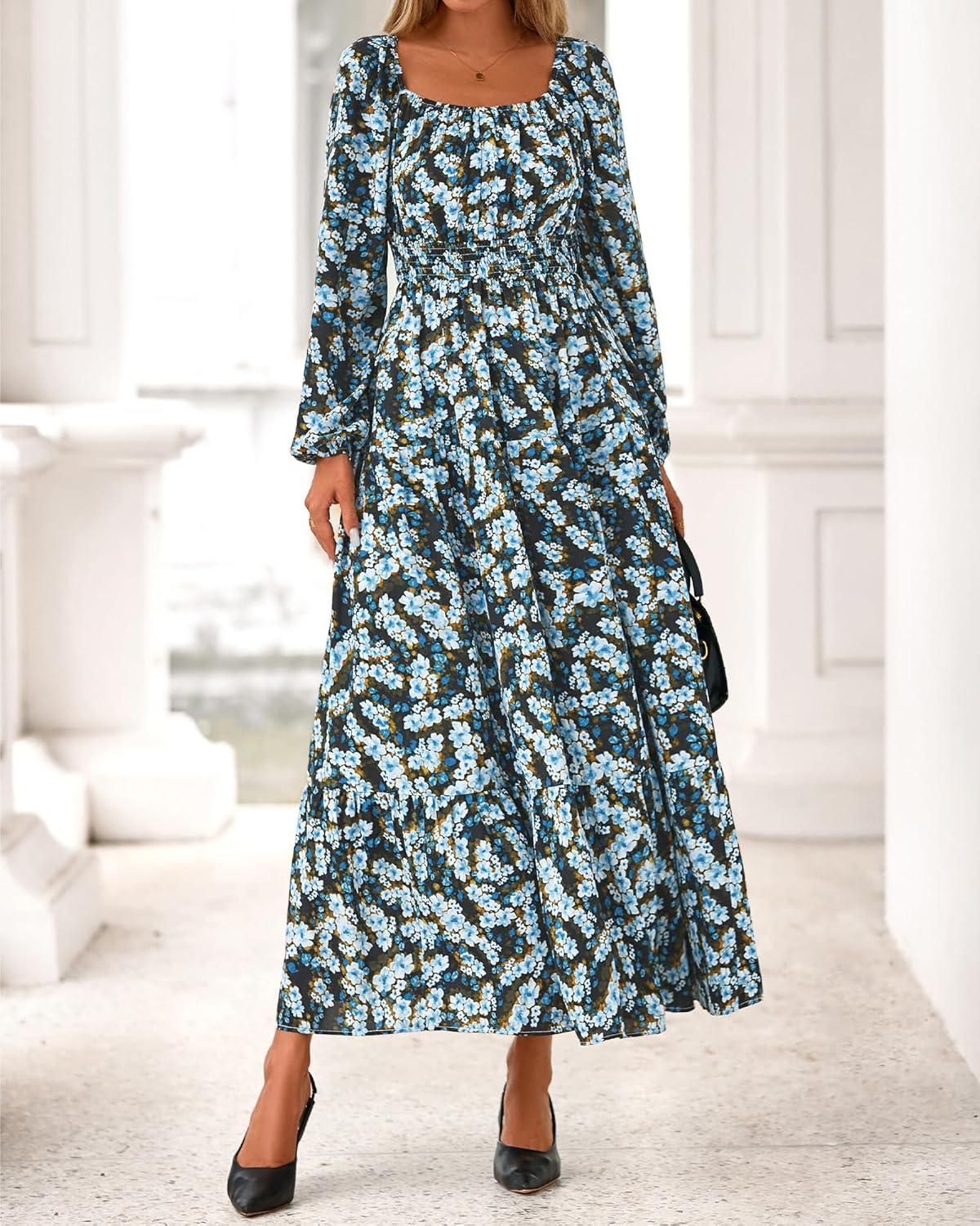 imageBTFBM Fall Dresses for Women 2025 Long Sleeve Boho Floral Empire Waist Square Neck Casual Flowy Wedding Guest Maxi DressFloral Blue Yellow