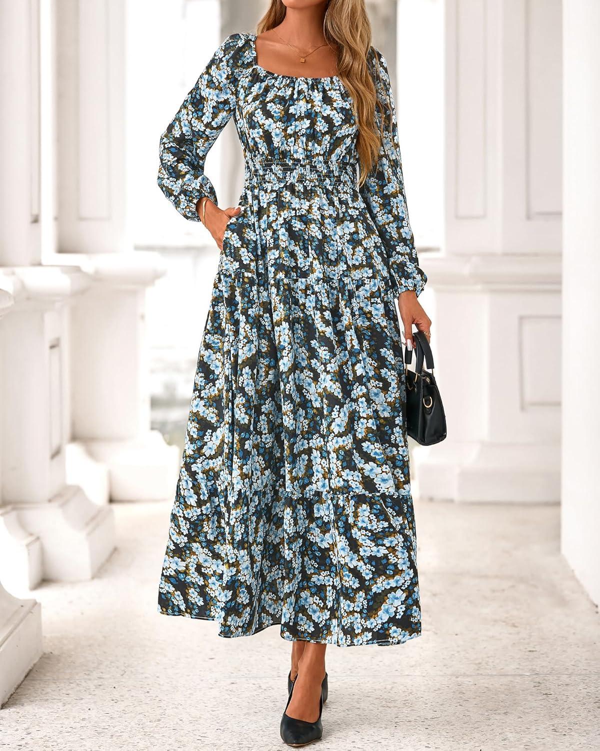 imageBTFBM Fall Dresses for Women 2025 Long Sleeve Boho Floral Empire Waist Square Neck Casual Flowy Wedding Guest Maxi DressFloral Blue Yellow