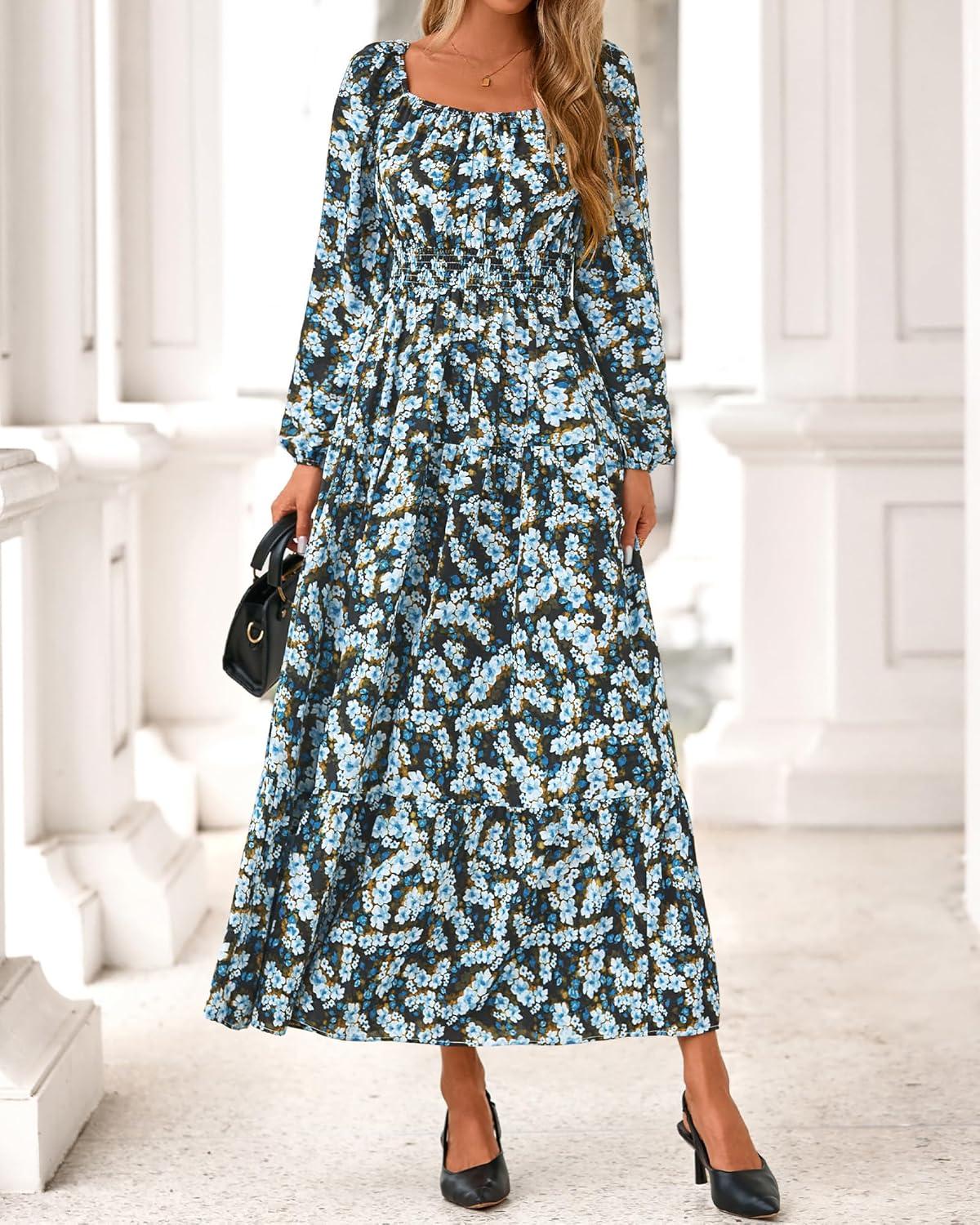 imageBTFBM Fall Dresses for Women 2025 Long Sleeve Boho Floral Empire Waist Square Neck Casual Flowy Wedding Guest Maxi DressFloral Blue Yellow