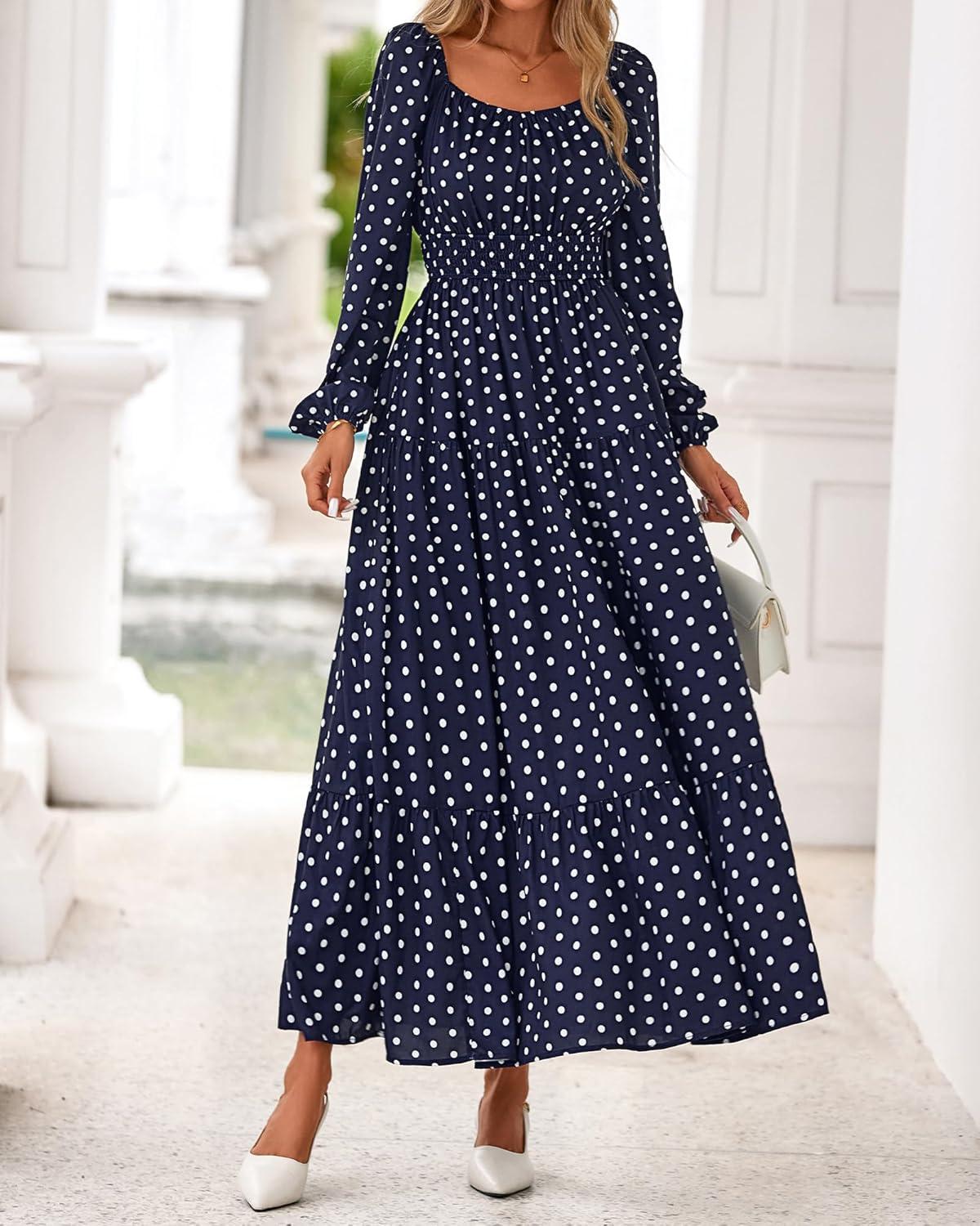 imageBTFBM Fall Dresses for Women 2025 Long Sleeve Boho Floral Empire Waist Square Neck Casual Flowy Wedding Guest Maxi DressPolka Dot Blue White