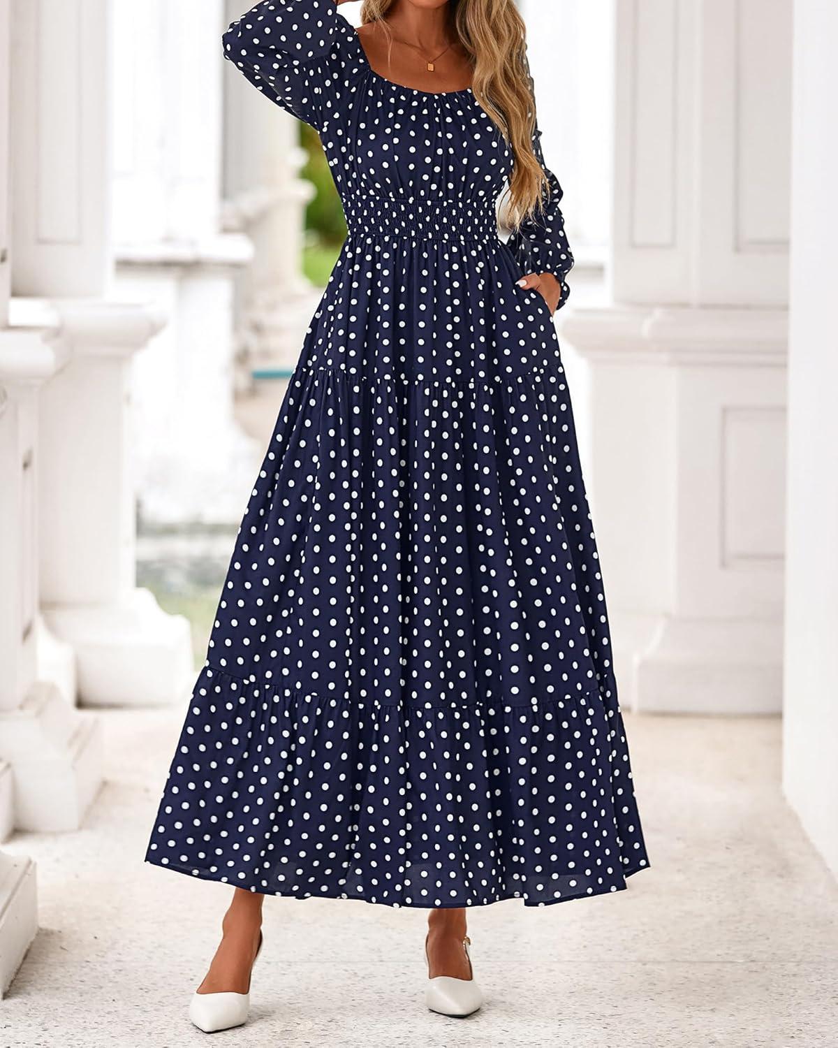 imageBTFBM Fall Dresses for Women 2025 Long Sleeve Boho Floral Empire Waist Square Neck Casual Flowy Wedding Guest Maxi DressPolka Dot Blue White