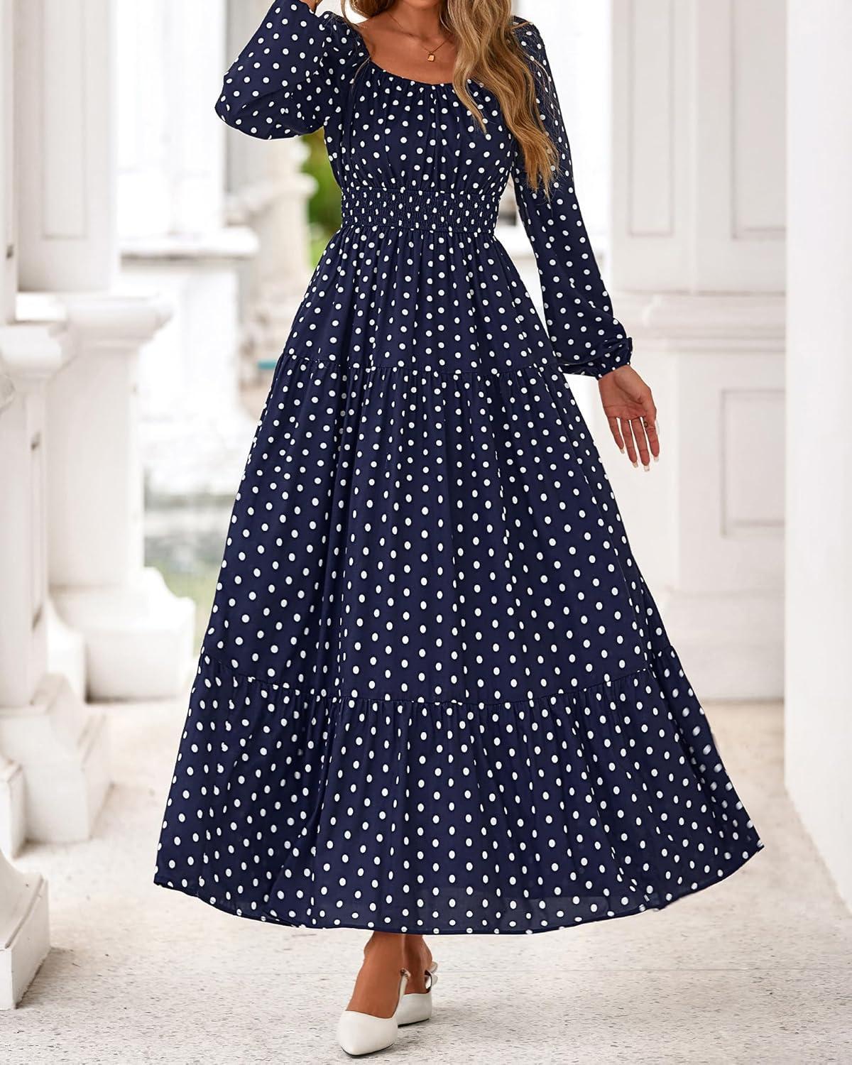 imageBTFBM Fall Dresses for Women 2025 Long Sleeve Boho Floral Empire Waist Square Neck Casual Flowy Wedding Guest Maxi DressPolka Dot Blue White