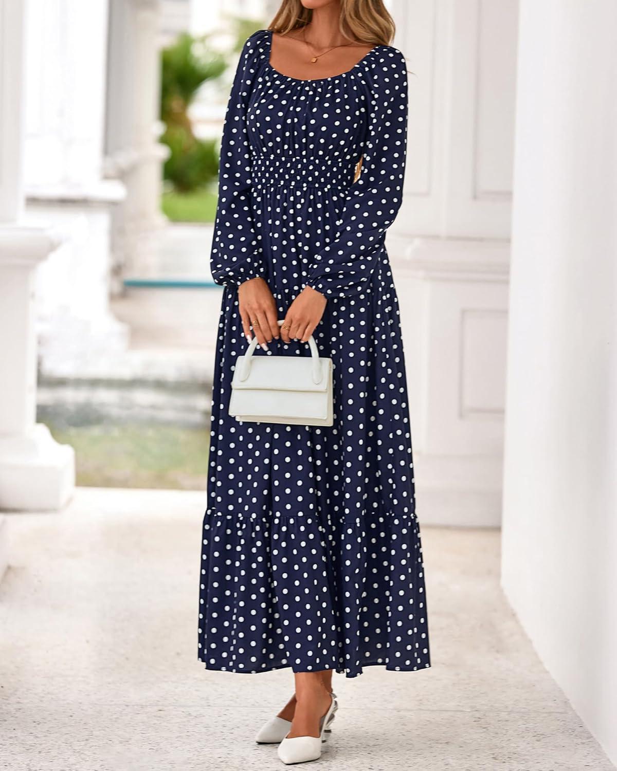 imageBTFBM Fall Dresses for Women 2025 Long Sleeve Boho Floral Empire Waist Square Neck Casual Flowy Wedding Guest Maxi DressPolka Dot Blue White