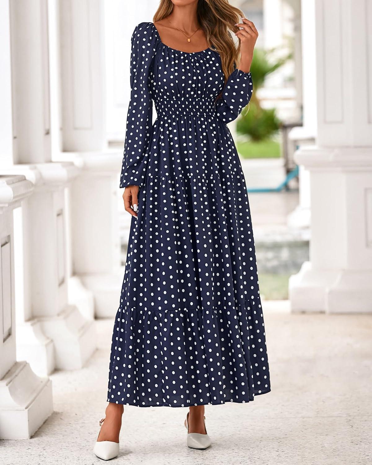 imageBTFBM Fall Dresses for Women 2025 Long Sleeve Boho Floral Empire Waist Square Neck Casual Flowy Wedding Guest Maxi DressPolka Dot Blue White