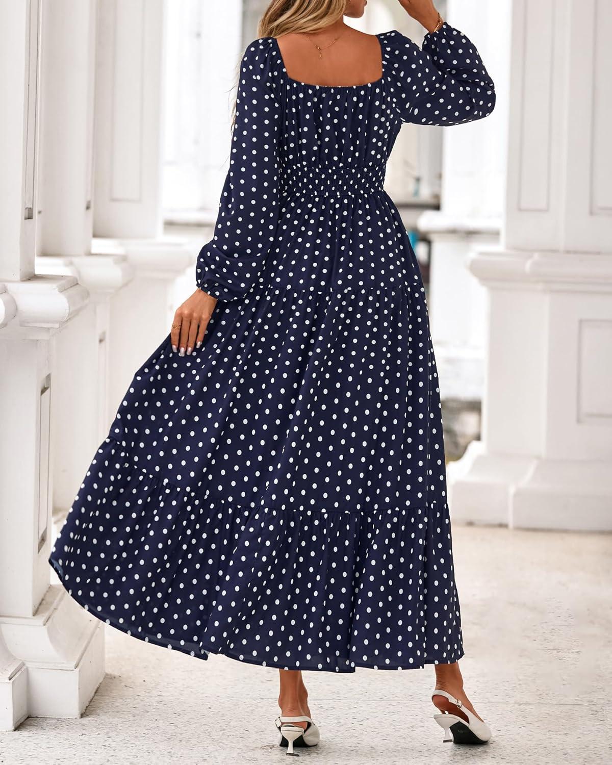 imageBTFBM Fall Dresses for Women 2025 Long Sleeve Boho Floral Empire Waist Square Neck Casual Flowy Wedding Guest Maxi DressPolka Dot Blue White