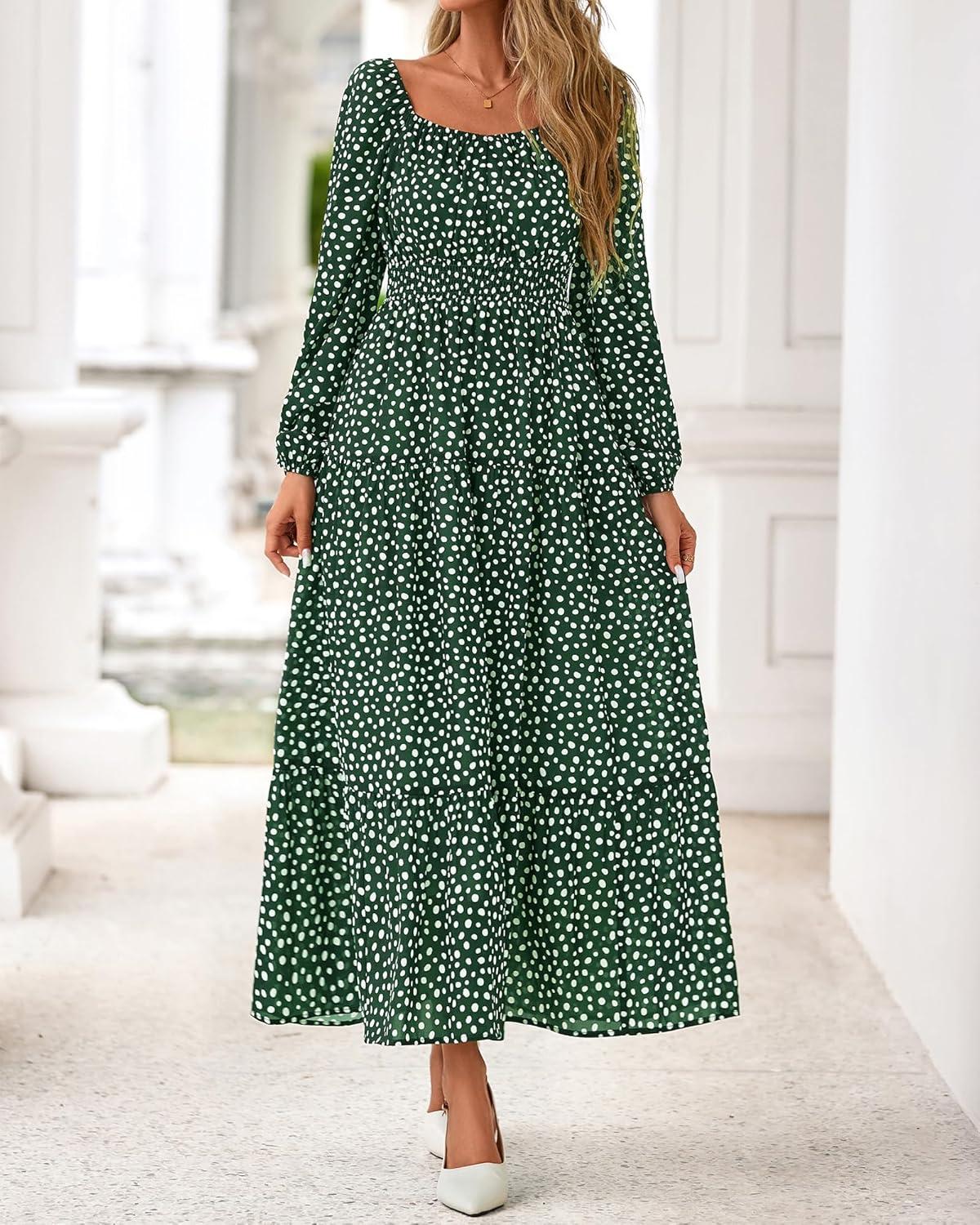 imageBTFBM Fall Dresses for Women 2025 Long Sleeve Boho Floral Empire Waist Square Neck Casual Flowy Wedding Guest Maxi DressPolka Dot Green