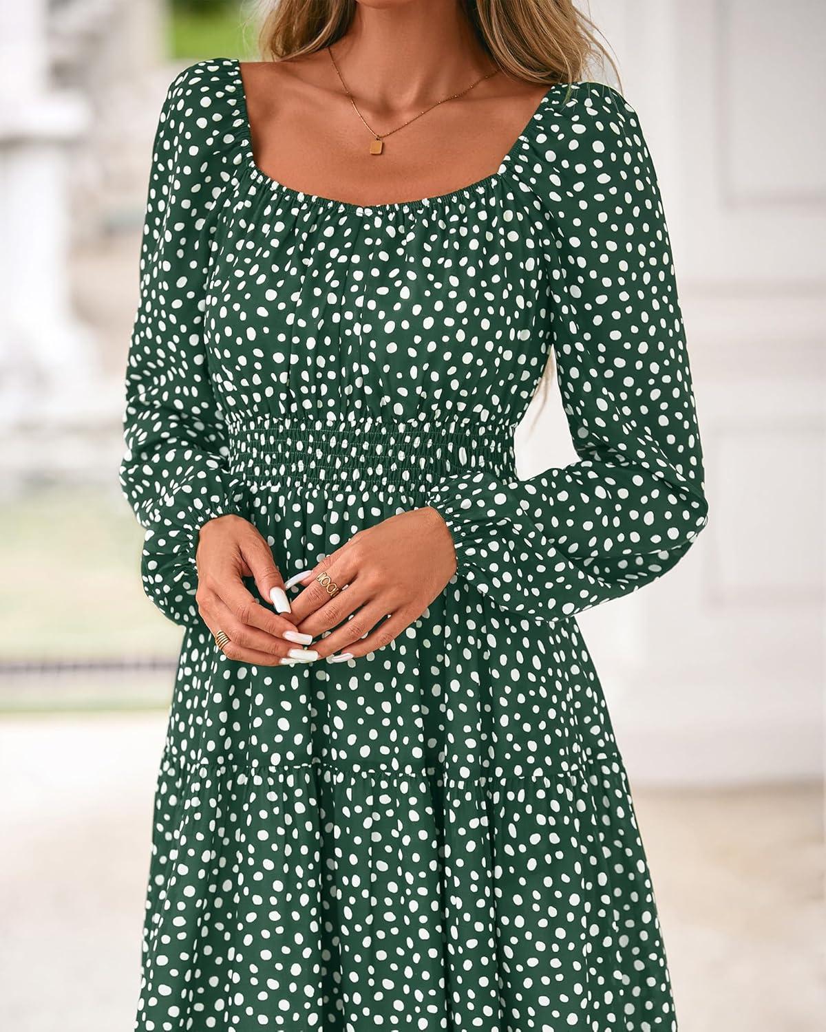 imageBTFBM Fall Dresses for Women 2025 Long Sleeve Boho Floral Empire Waist Square Neck Casual Flowy Wedding Guest Maxi DressPolka Dot Green