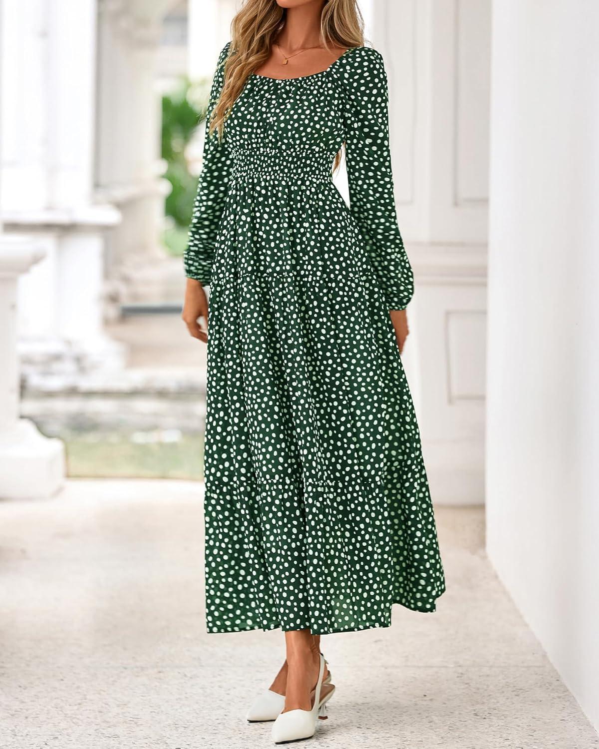 imageBTFBM Fall Dresses for Women 2025 Long Sleeve Boho Floral Empire Waist Square Neck Casual Flowy Wedding Guest Maxi DressPolka Dot Green