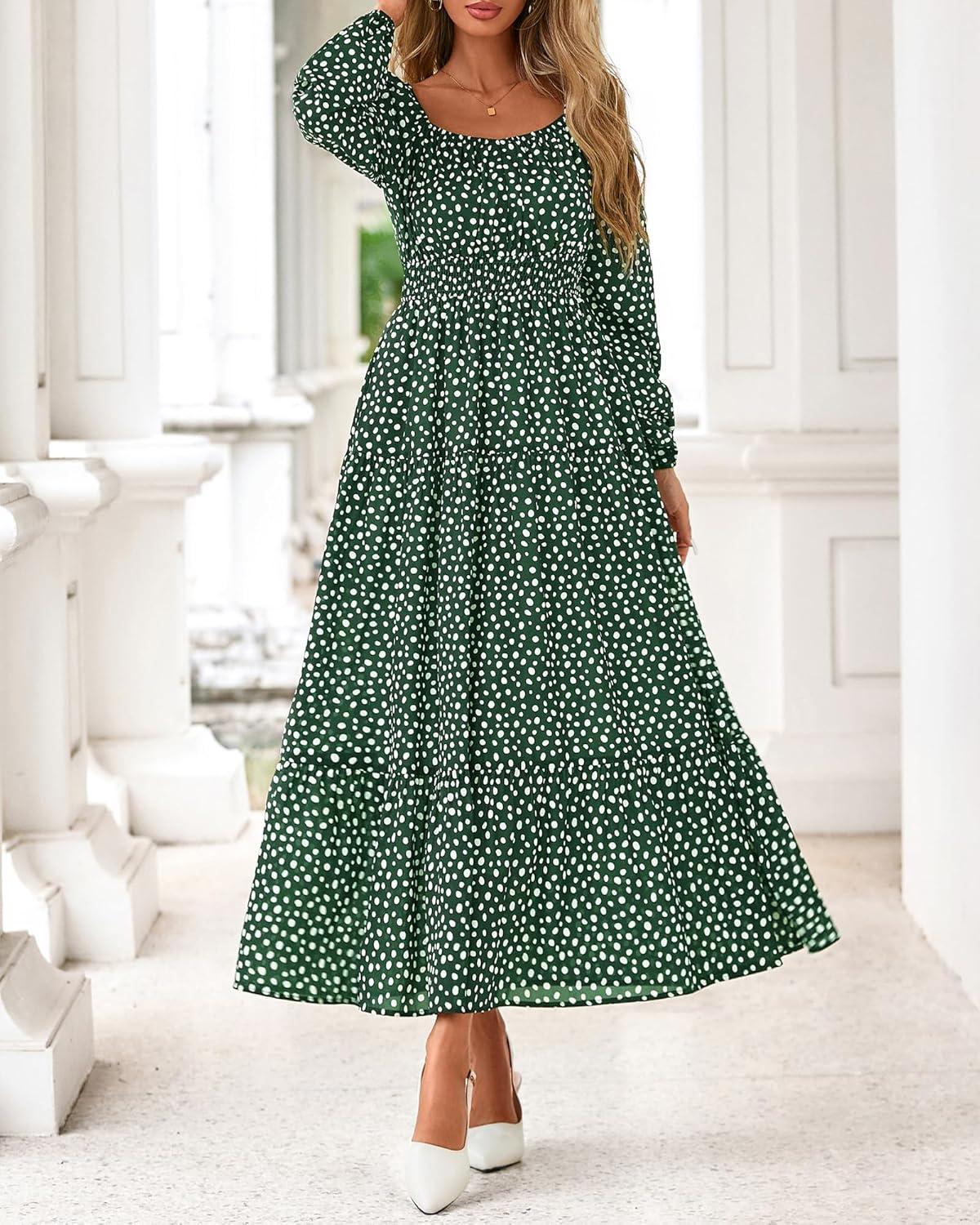 imageBTFBM Fall Dresses for Women 2025 Long Sleeve Boho Floral Empire Waist Square Neck Casual Flowy Wedding Guest Maxi DressPolka Dot Green