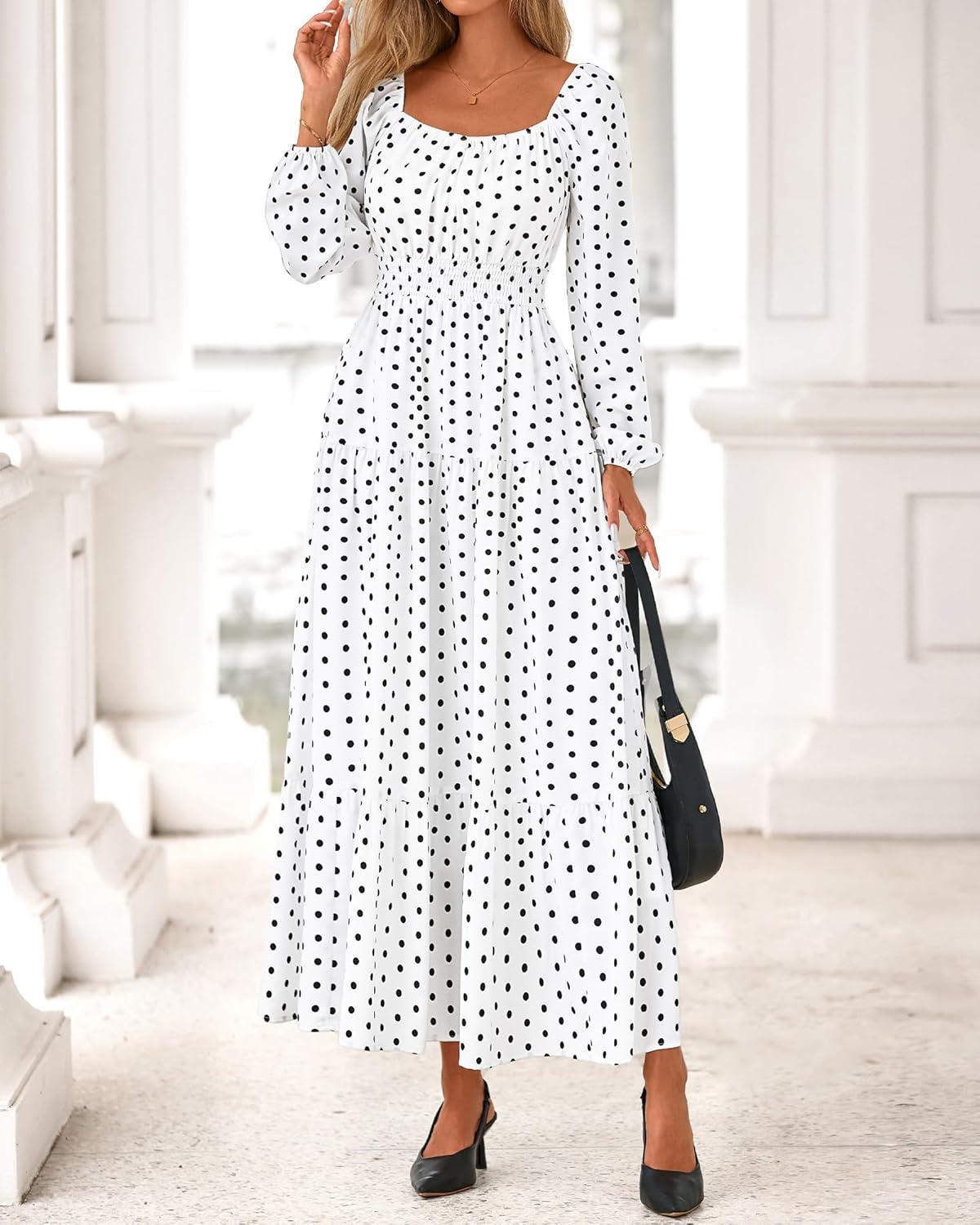 imageBTFBM Fall Dresses for Women 2025 Long Sleeve Boho Floral Empire Waist Square Neck Casual Flowy Wedding Guest Maxi DressPolka Dot White Black