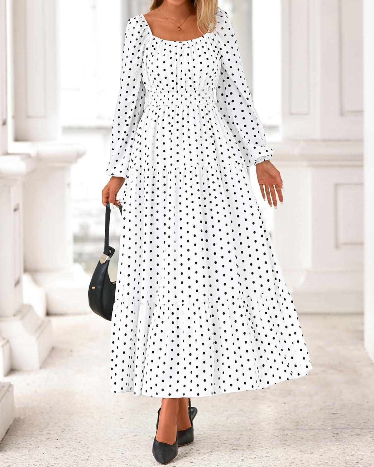 imageBTFBM Fall Dresses for Women 2025 Long Sleeve Boho Floral Empire Waist Square Neck Casual Flowy Wedding Guest Maxi DressPolka Dot White Black