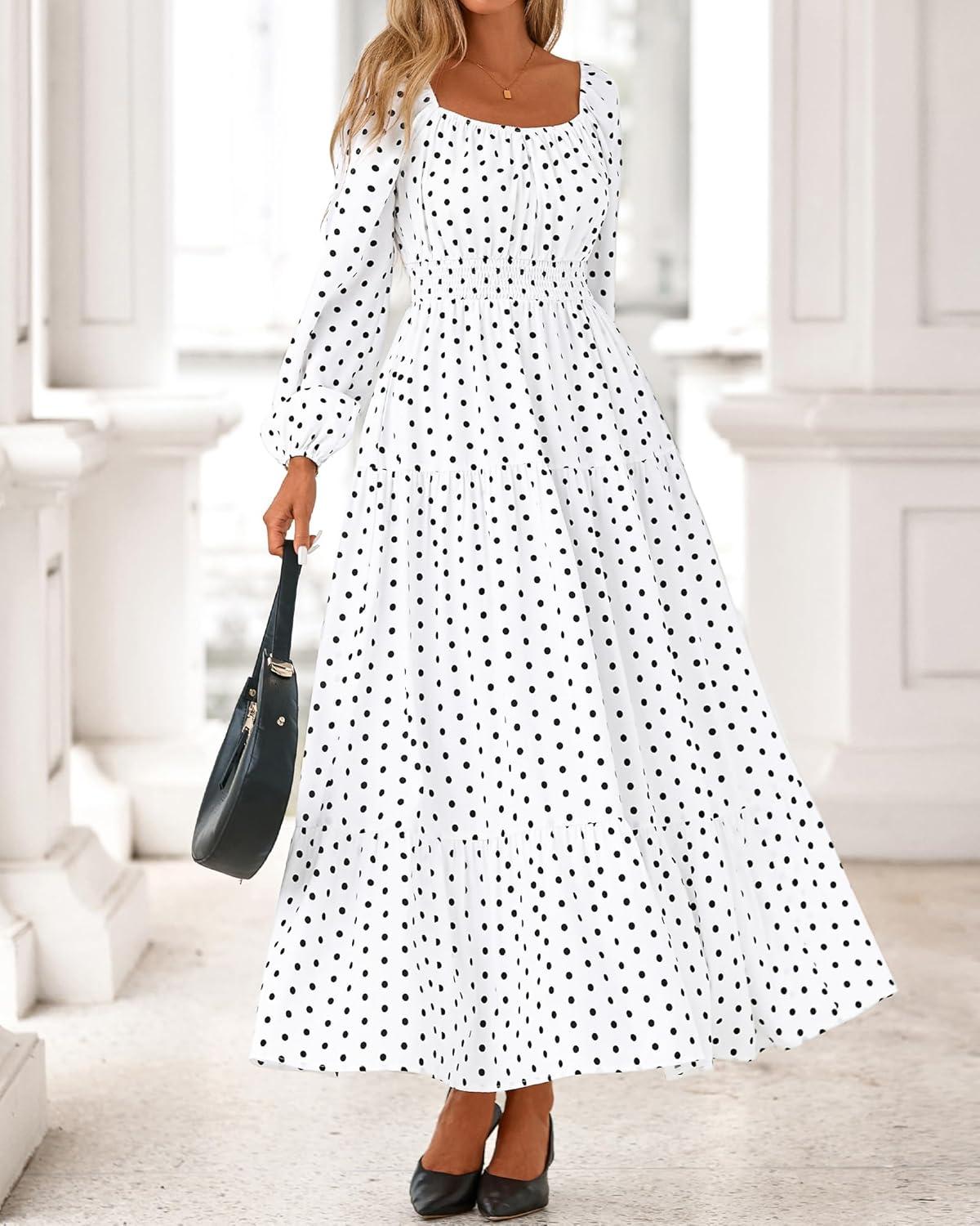 imageBTFBM Fall Dresses for Women 2025 Long Sleeve Boho Floral Empire Waist Square Neck Casual Flowy Wedding Guest Maxi DressPolka Dot White Black