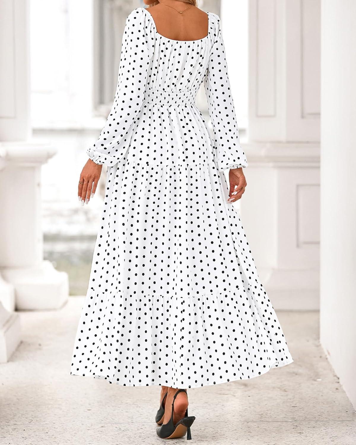 imageBTFBM Fall Dresses for Women 2025 Long Sleeve Boho Floral Empire Waist Square Neck Casual Flowy Wedding Guest Maxi DressPolka Dot White Black