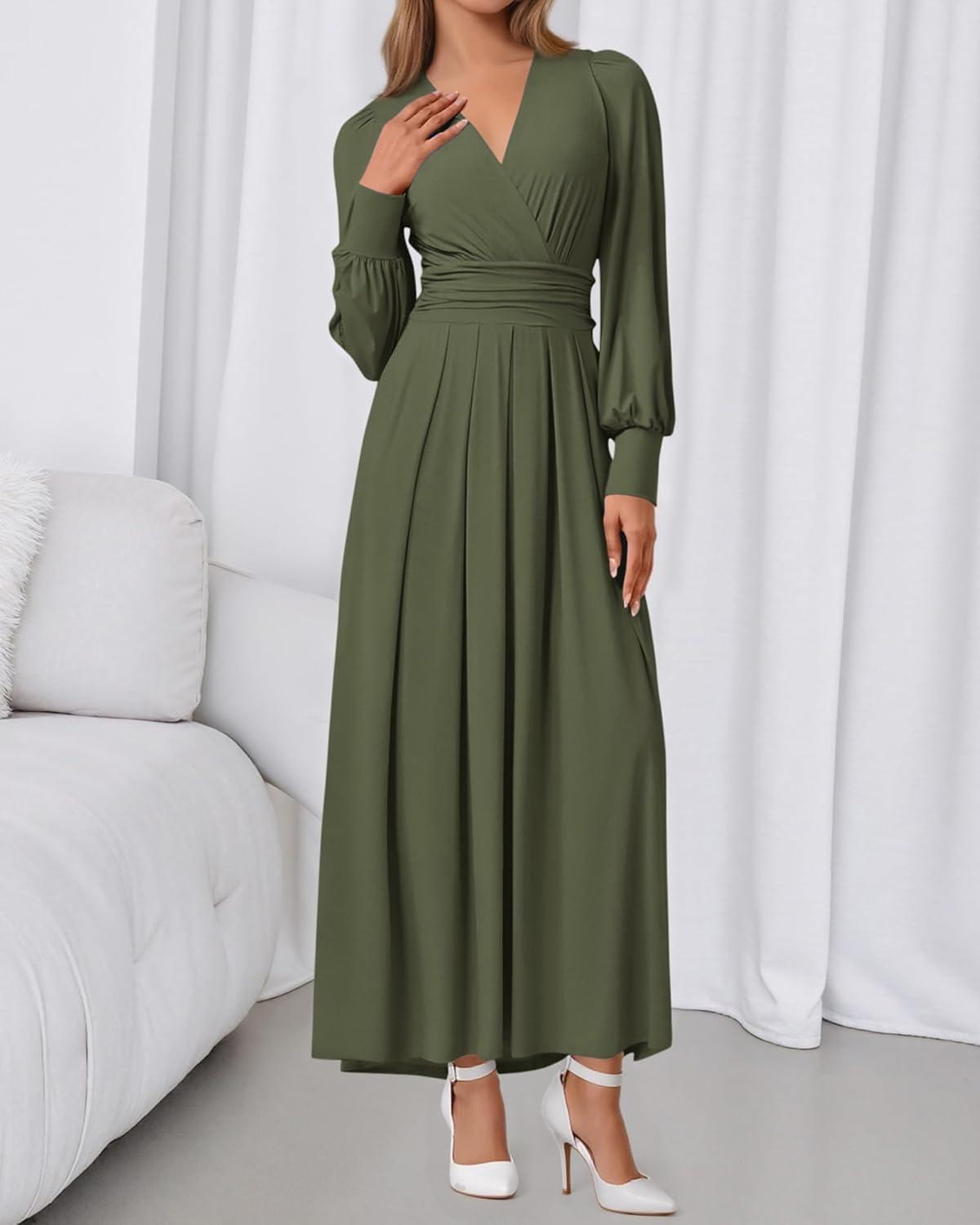 imageBTFBM Womens Long Sleeve Maxi Dress Fall 2025 Casual V Neck Knit A Line Flowy Pockets Elegant Party Wedding Guest DressesArmy Green