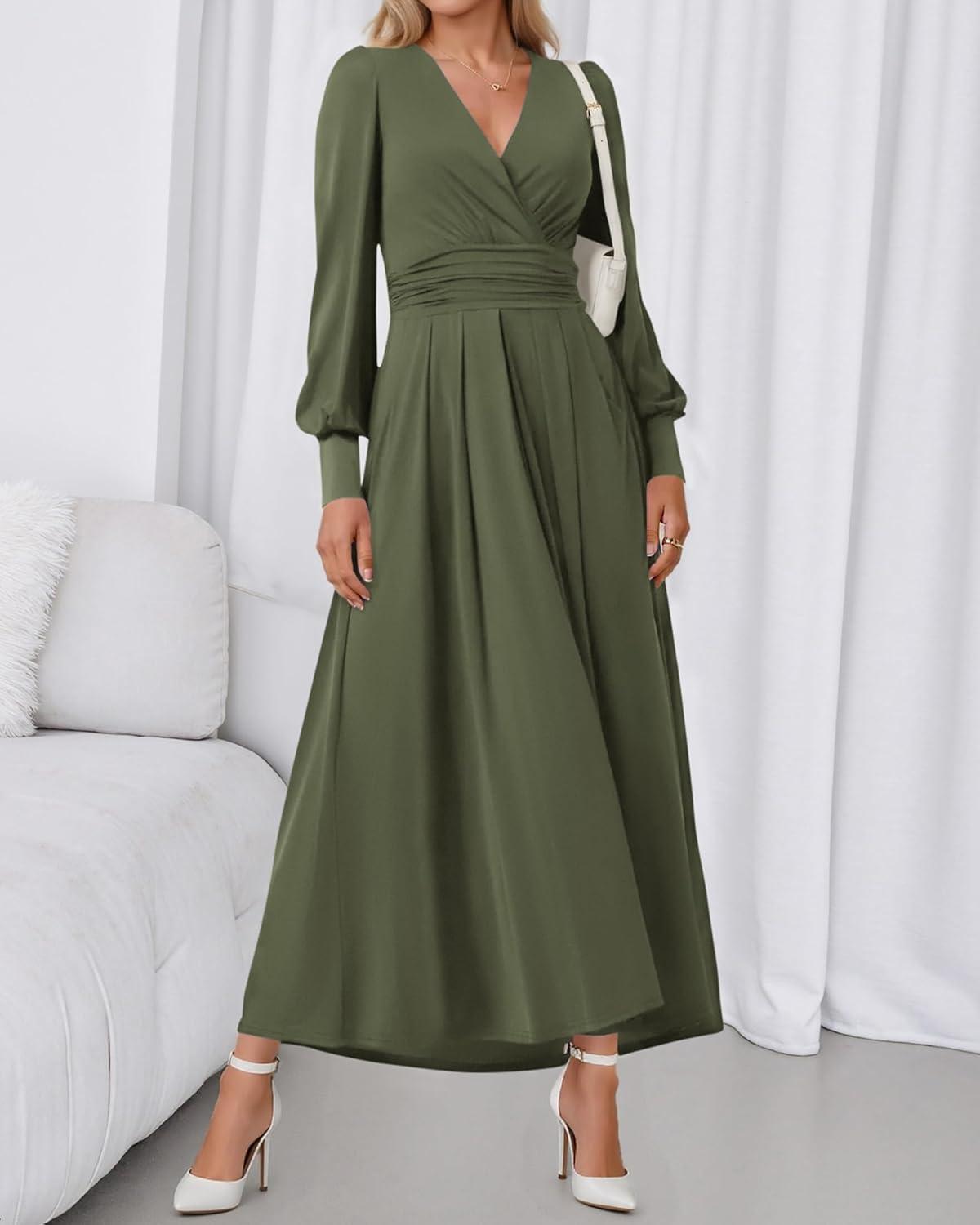 imageBTFBM Womens Long Sleeve Maxi Dress Fall 2025 Casual V Neck Knit A Line Flowy Pockets Elegant Party Wedding Guest DressesArmy Green