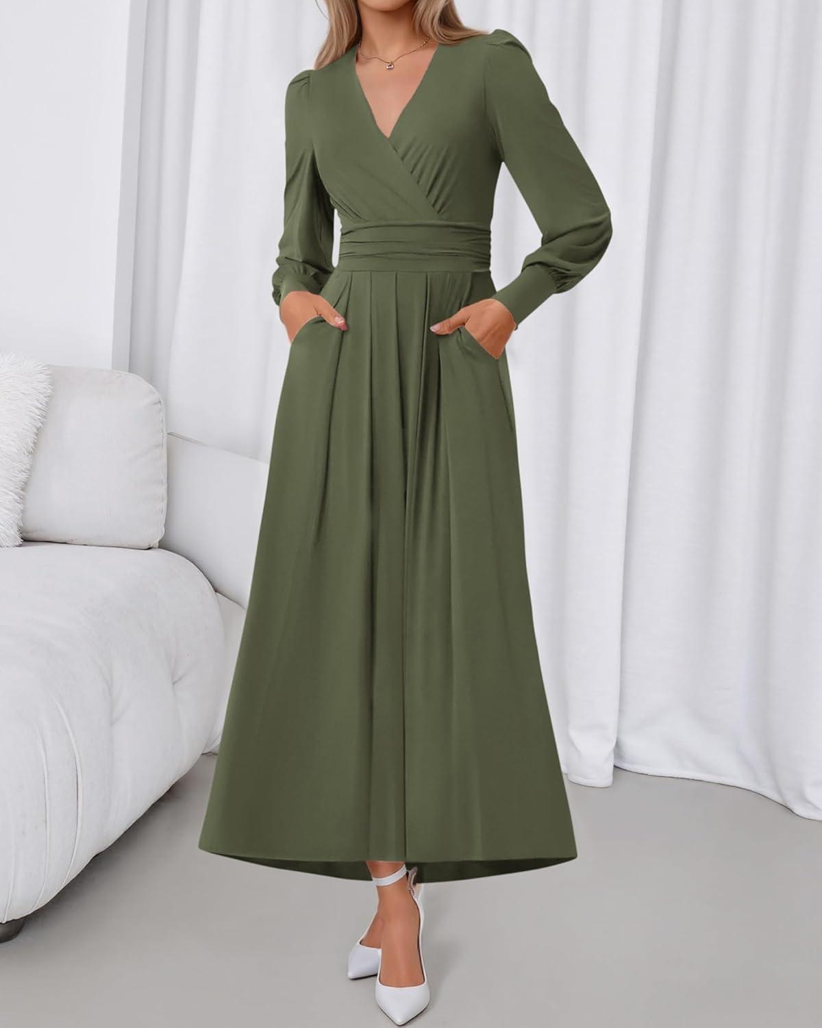 imageBTFBM Womens Long Sleeve Maxi Dress Fall 2025 Casual V Neck Knit A Line Flowy Pockets Elegant Party Wedding Guest DressesArmy Green