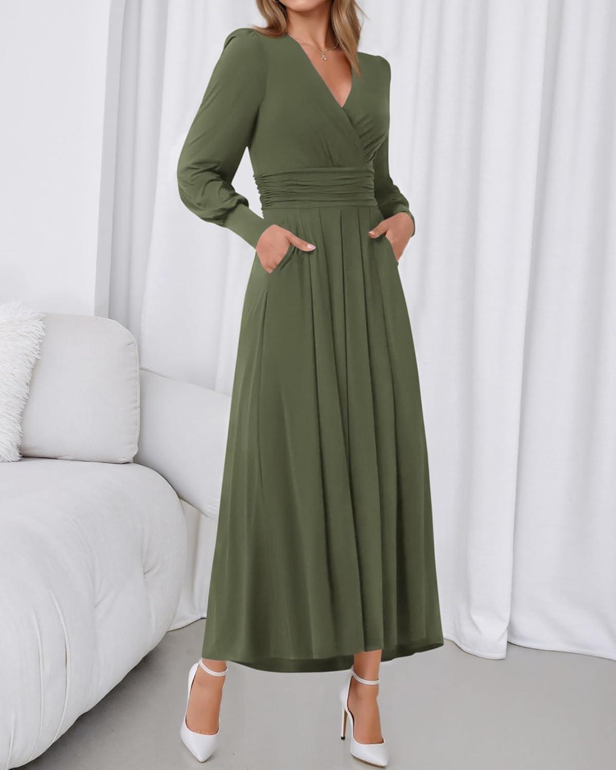 imageBTFBM Womens Long Sleeve Maxi Dress Fall 2025 Casual V Neck Knit A Line Flowy Pockets Elegant Party Wedding Guest DressesArmy Green