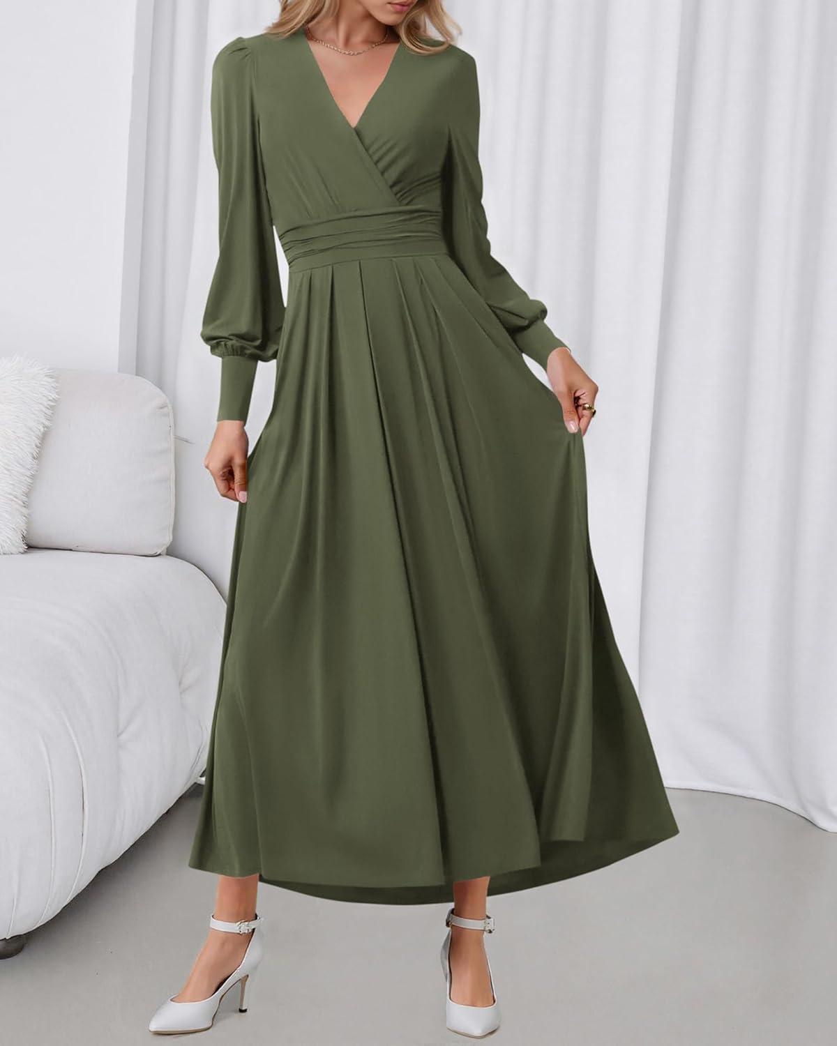 imageBTFBM Womens Long Sleeve Maxi Dress Fall 2025 Casual V Neck Knit A Line Flowy Pockets Elegant Party Wedding Guest DressesArmy Green