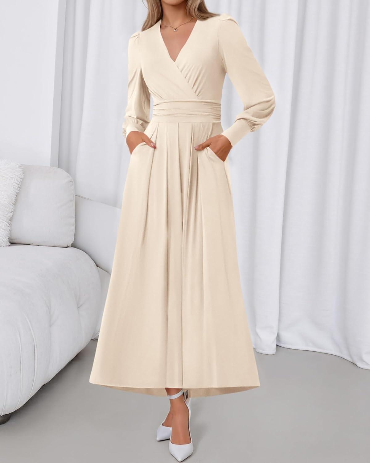 imageBTFBM Womens Long Sleeve Maxi Dress Fall 2025 Casual V Neck Knit A Line Flowy Pockets Elegant Party Wedding Guest DressesBeige