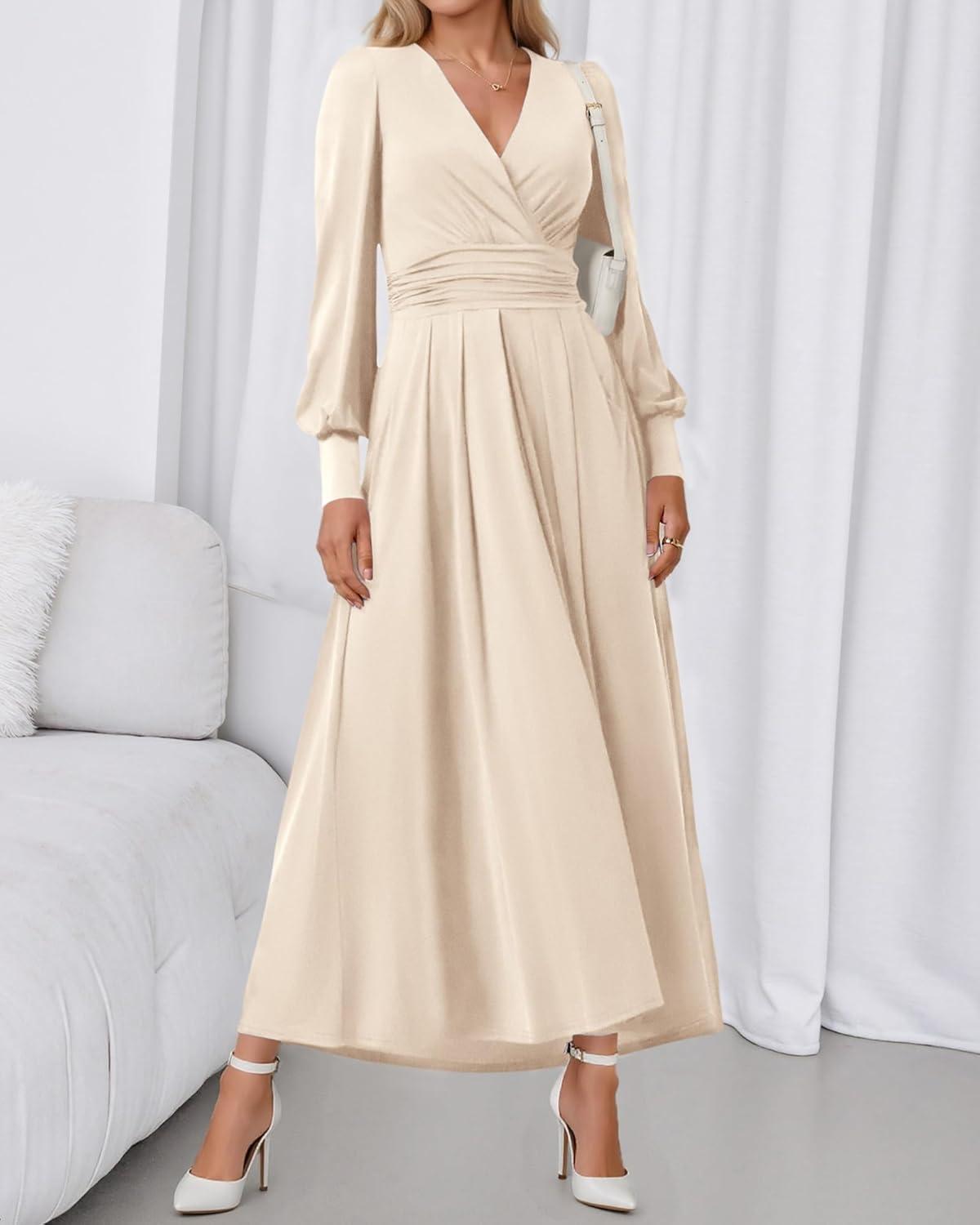 imageBTFBM Womens Long Sleeve Maxi Dress Fall 2025 Casual V Neck Knit A Line Flowy Pockets Elegant Party Wedding Guest DressesBeige