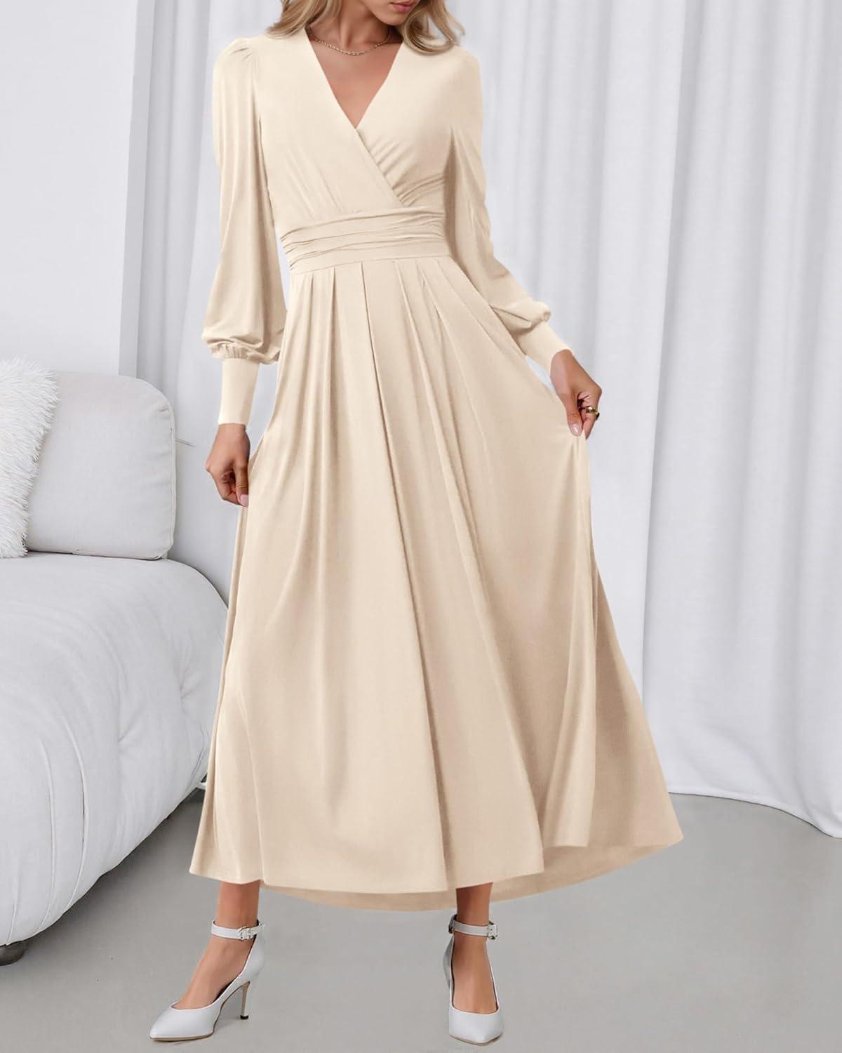 imageBTFBM Womens Long Sleeve Maxi Dress Fall 2025 Casual V Neck Knit A Line Flowy Pockets Elegant Party Wedding Guest DressesBeige