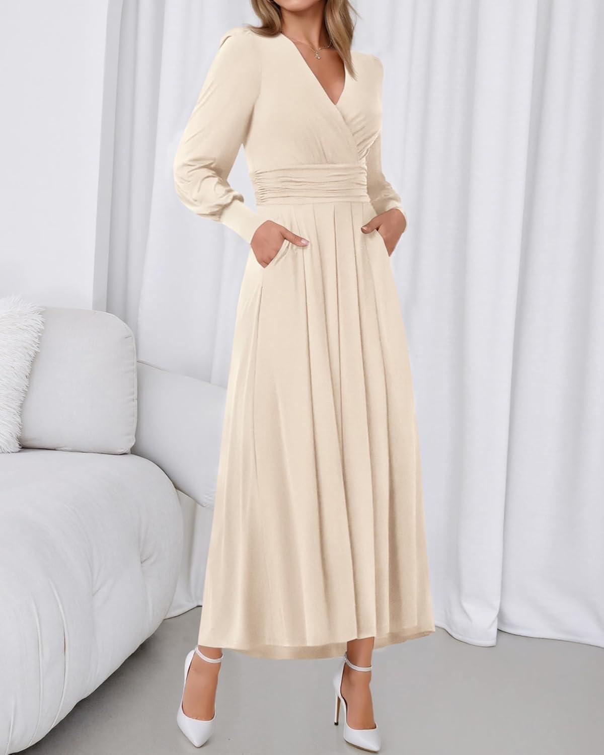 imageBTFBM Womens Long Sleeve Maxi Dress Fall 2025 Casual V Neck Knit A Line Flowy Pockets Elegant Party Wedding Guest DressesBeige