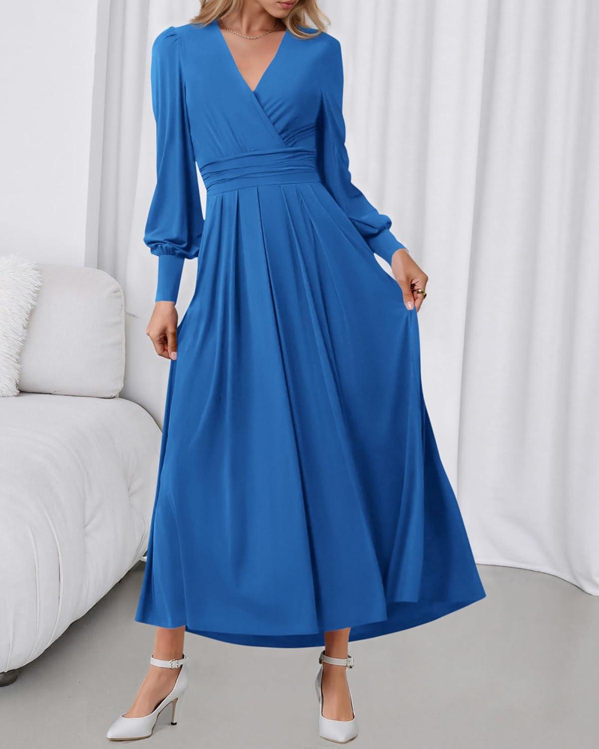 imageBTFBM Womens Long Sleeve Maxi Dress Fall 2025 Casual V Neck Knit A Line Flowy Pockets Elegant Party Wedding Guest DressesBlue
