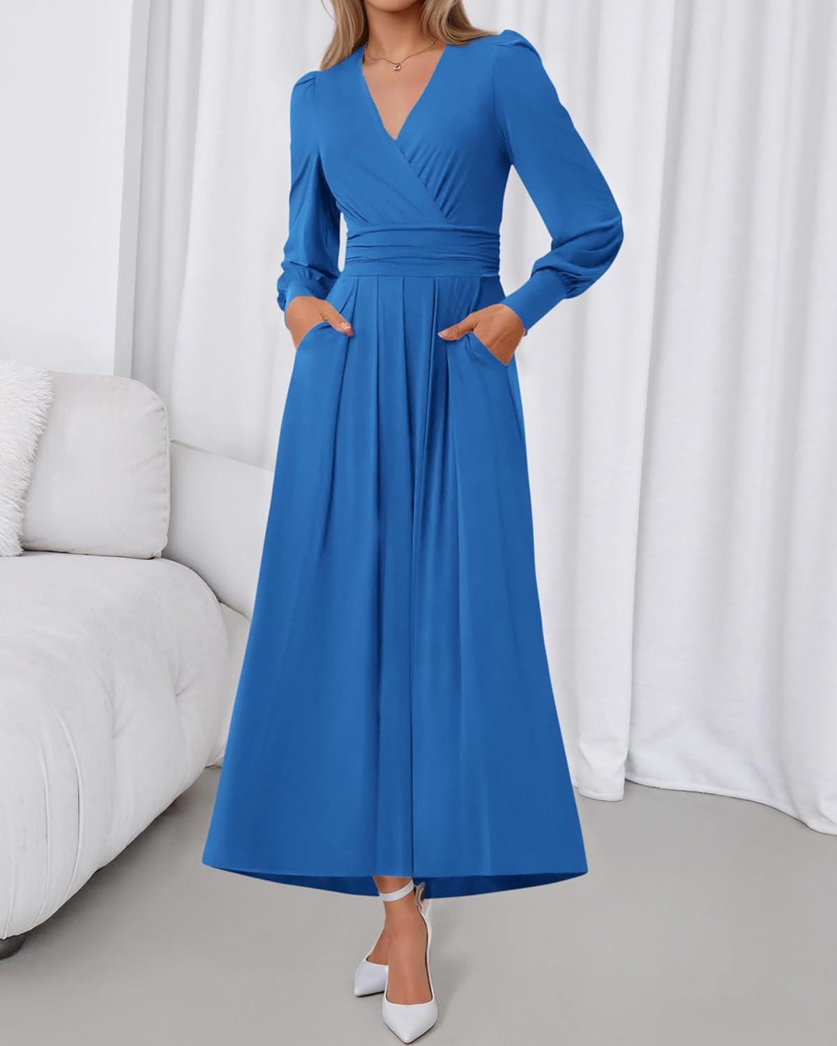 imageBTFBM Womens Long Sleeve Maxi Dress Fall 2025 Casual V Neck Knit A Line Flowy Pockets Elegant Party Wedding Guest DressesBlue