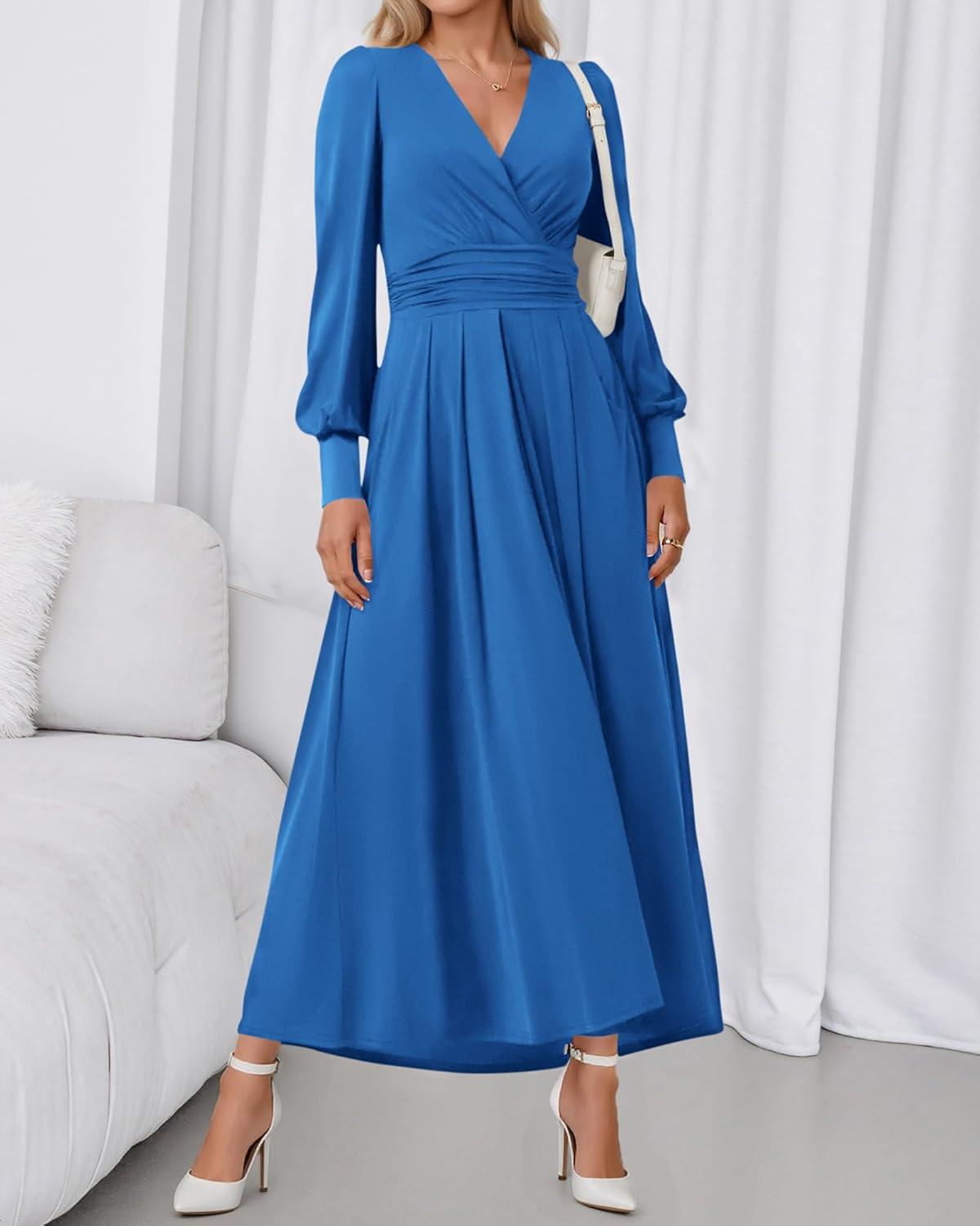 imageBTFBM Womens Long Sleeve Maxi Dress Fall 2025 Casual V Neck Knit A Line Flowy Pockets Elegant Party Wedding Guest DressesBlue