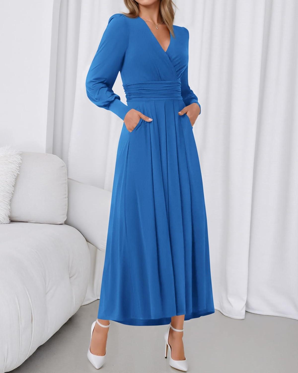 imageBTFBM Womens Long Sleeve Maxi Dress Fall 2025 Casual V Neck Knit A Line Flowy Pockets Elegant Party Wedding Guest DressesBlue