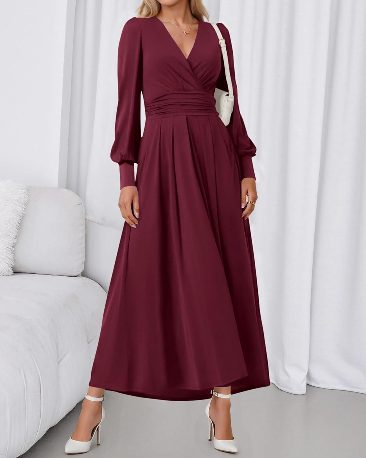 imageBTFBM Womens Long Sleeve Maxi Dress Fall 2025 Casual V Neck Knit A Line Flowy Pockets Elegant Party Wedding Guest DressesBurgundy