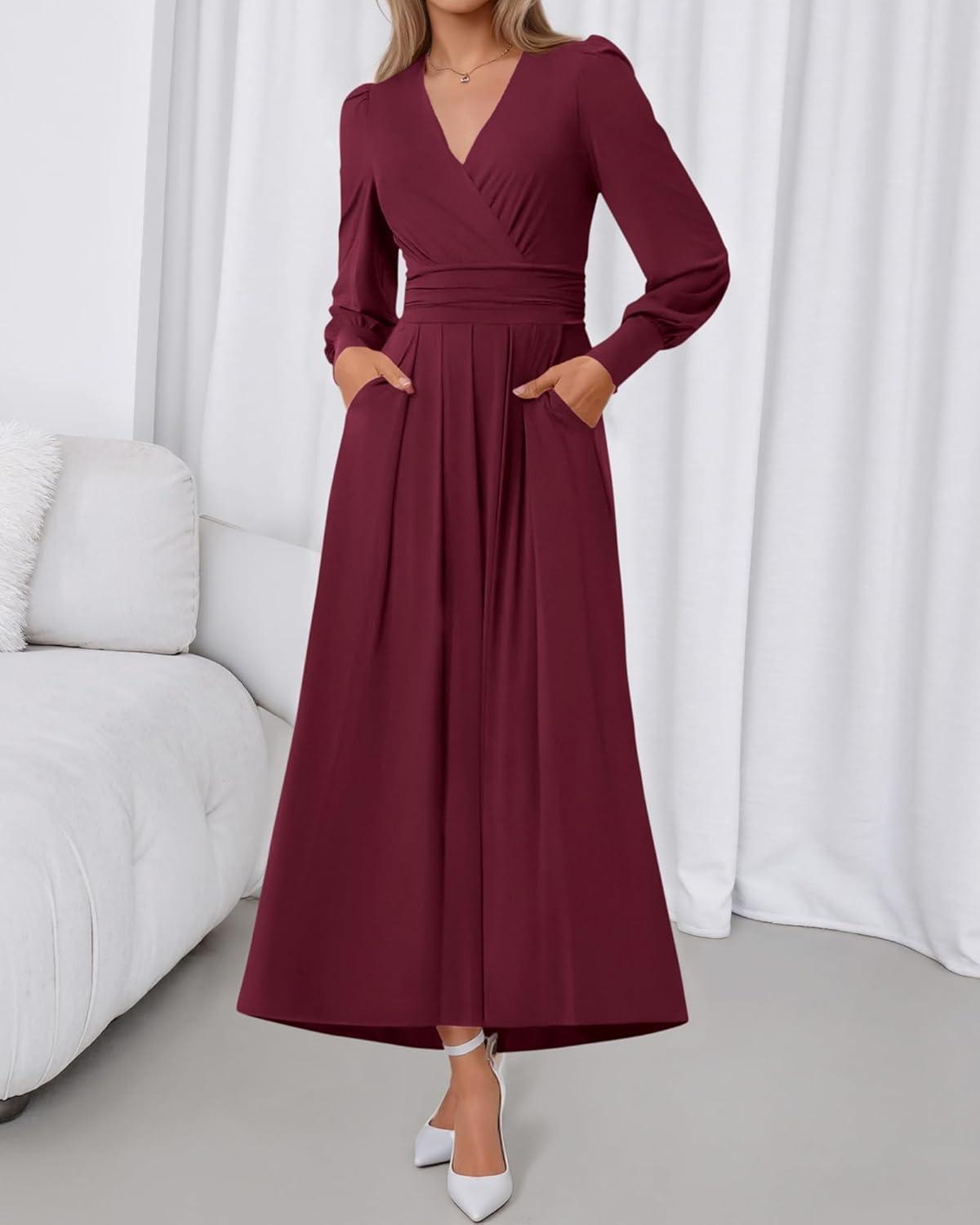 imageBTFBM Womens Long Sleeve Maxi Dress Fall 2025 Casual V Neck Knit A Line Flowy Pockets Elegant Party Wedding Guest DressesBurgundy