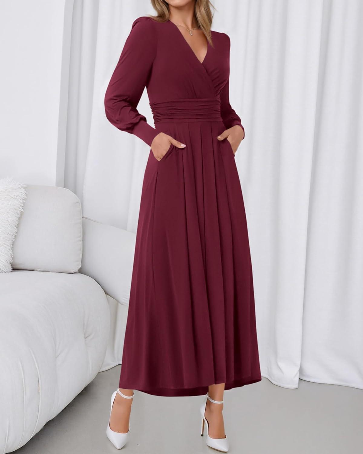 imageBTFBM Womens Long Sleeve Maxi Dress Fall 2025 Casual V Neck Knit A Line Flowy Pockets Elegant Party Wedding Guest DressesBurgundy