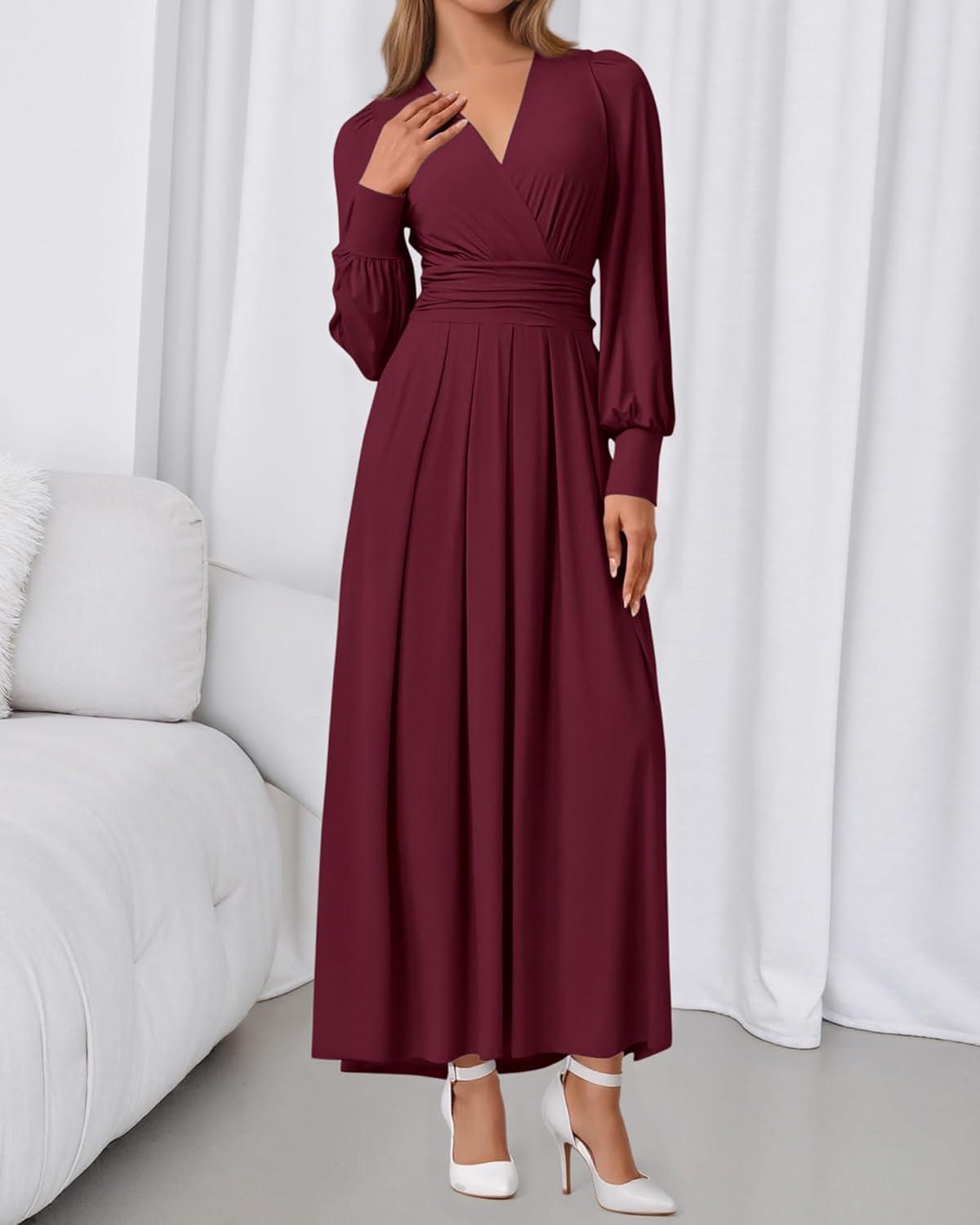 imageBTFBM Womens Long Sleeve Maxi Dress Fall 2025 Casual V Neck Knit A Line Flowy Pockets Elegant Party Wedding Guest DressesBurgundy