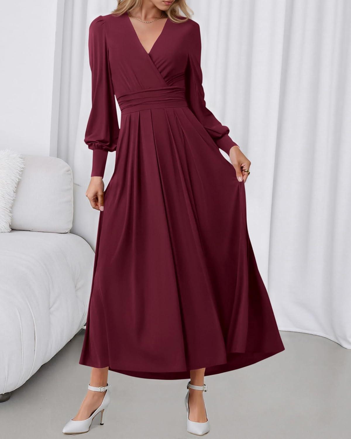 imageBTFBM Womens Long Sleeve Maxi Dress Fall 2025 Casual V Neck Knit A Line Flowy Pockets Elegant Party Wedding Guest DressesBurgundy