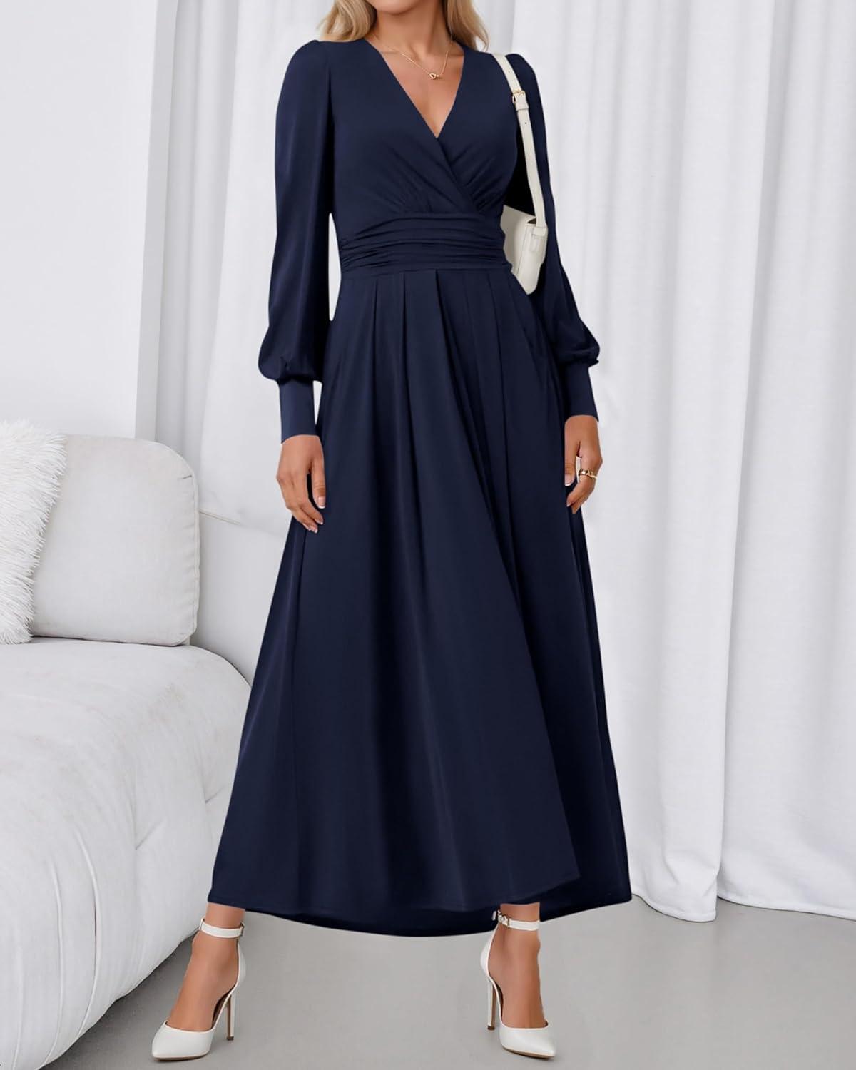 imageBTFBM Womens Long Sleeve Maxi Dress Fall 2025 Casual V Neck Knit A Line Flowy Pockets Elegant Party Wedding Guest DressesNavy