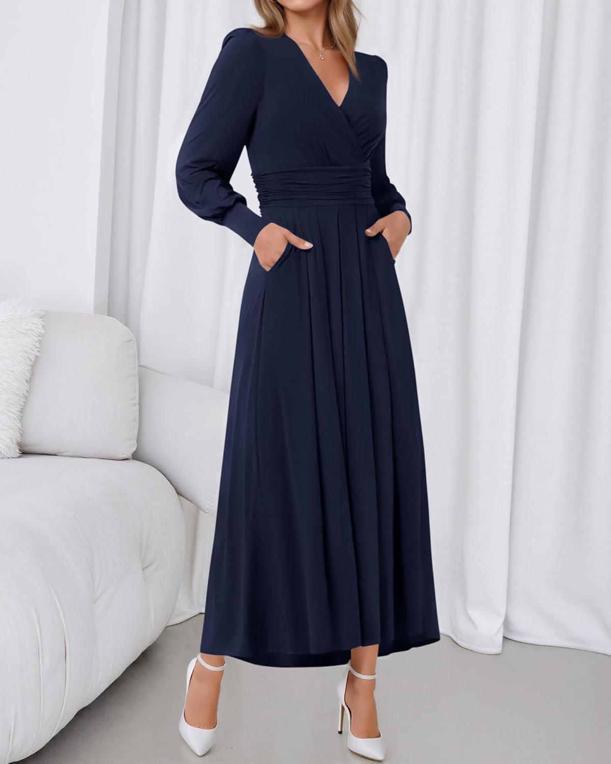 imageBTFBM Womens Long Sleeve Maxi Dress Fall 2025 Casual V Neck Knit A Line Flowy Pockets Elegant Party Wedding Guest DressesNavy