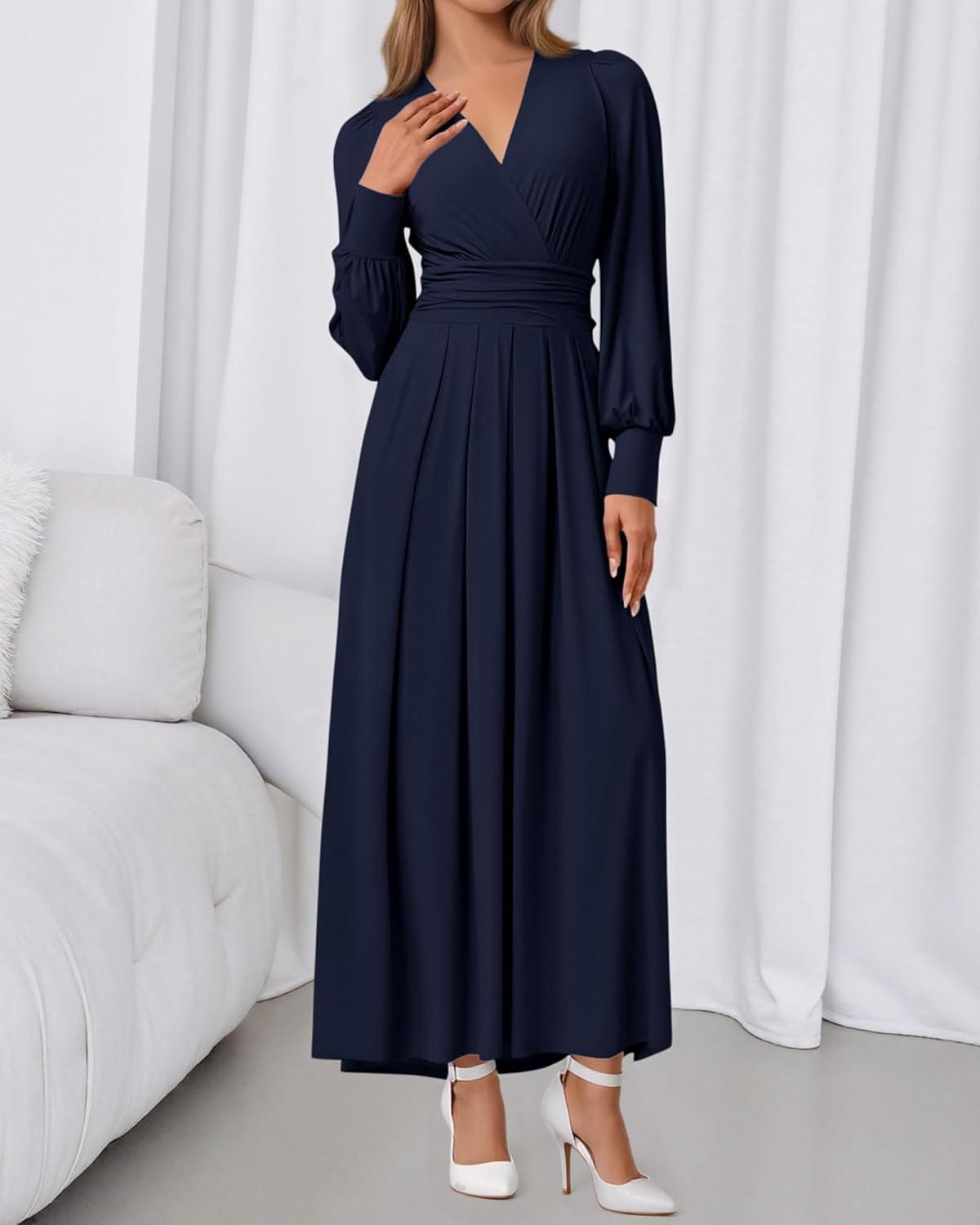 imageBTFBM Womens Long Sleeve Maxi Dress Fall 2025 Casual V Neck Knit A Line Flowy Pockets Elegant Party Wedding Guest DressesNavy