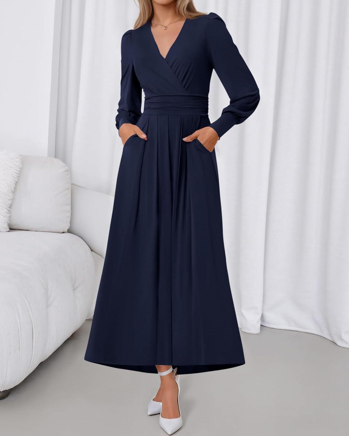 imageBTFBM Womens Long Sleeve Maxi Dress Fall 2025 Casual V Neck Knit A Line Flowy Pockets Elegant Party Wedding Guest DressesNavy