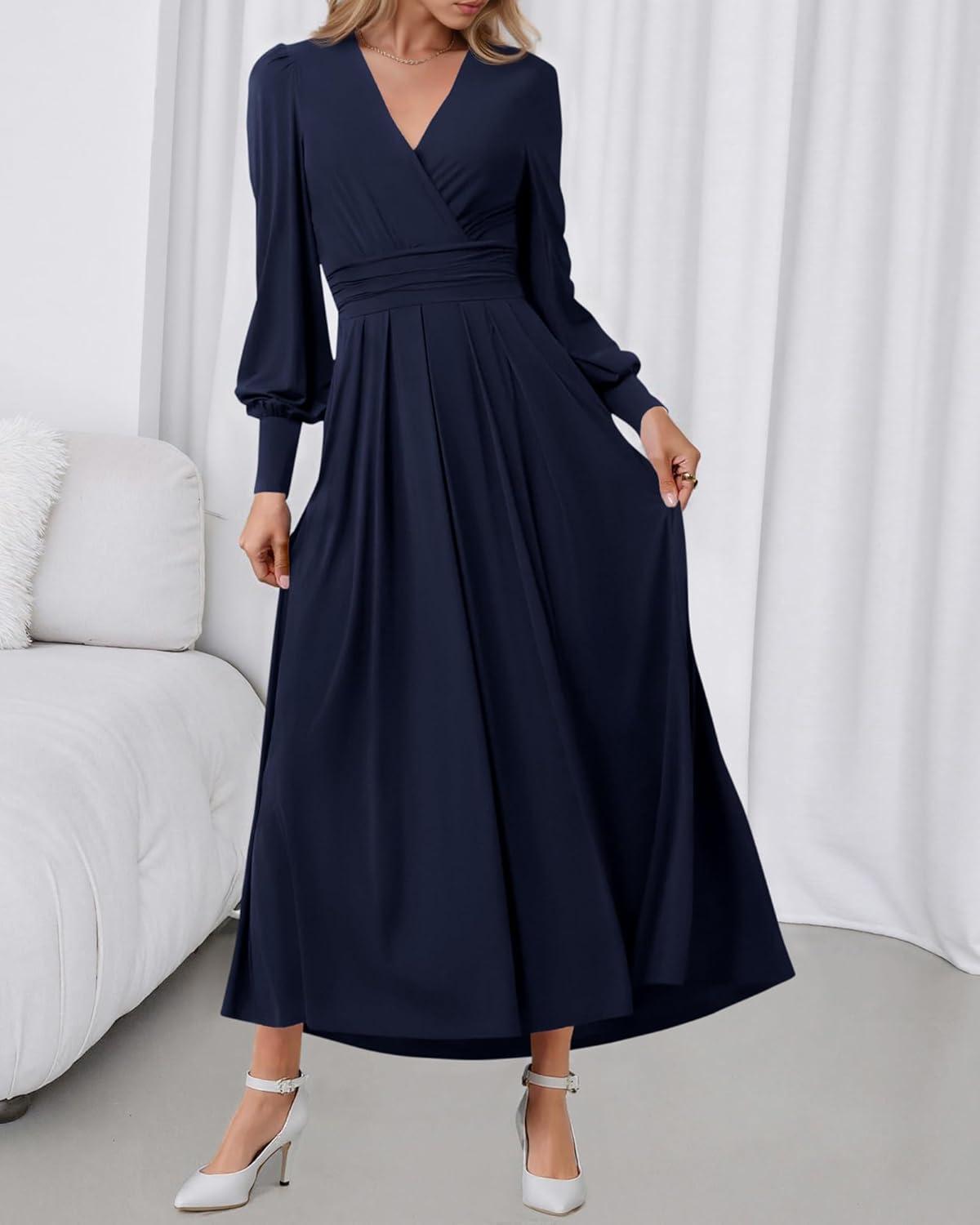 imageBTFBM Womens Long Sleeve Maxi Dress Fall 2025 Casual V Neck Knit A Line Flowy Pockets Elegant Party Wedding Guest DressesNavy