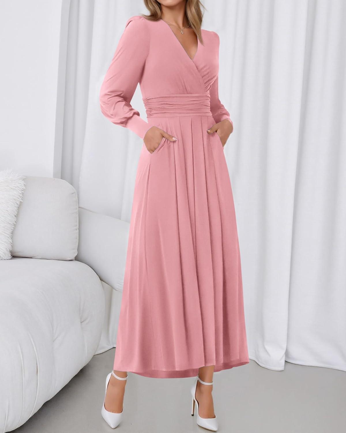 imageBTFBM Womens Long Sleeve Maxi Dress Fall 2025 Casual V Neck Knit A Line Flowy Pockets Elegant Party Wedding Guest DressesPink