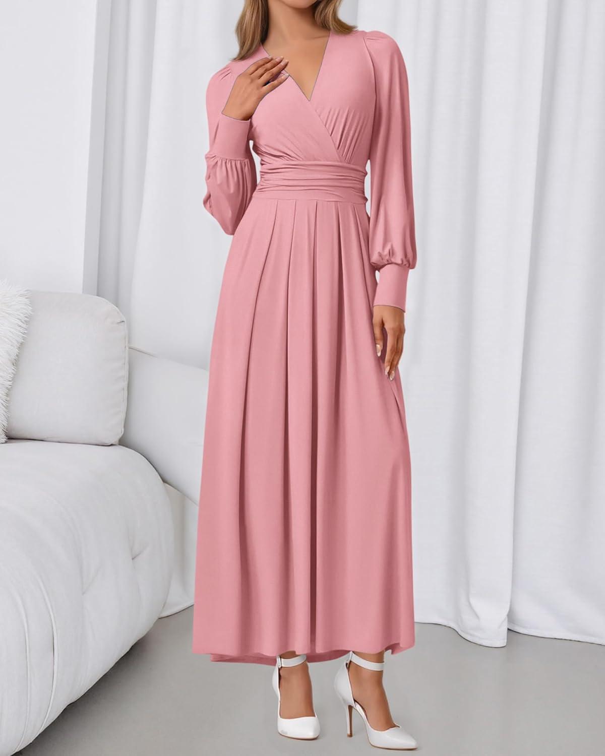 imageBTFBM Womens Long Sleeve Maxi Dress Fall 2025 Casual V Neck Knit A Line Flowy Pockets Elegant Party Wedding Guest DressesPink