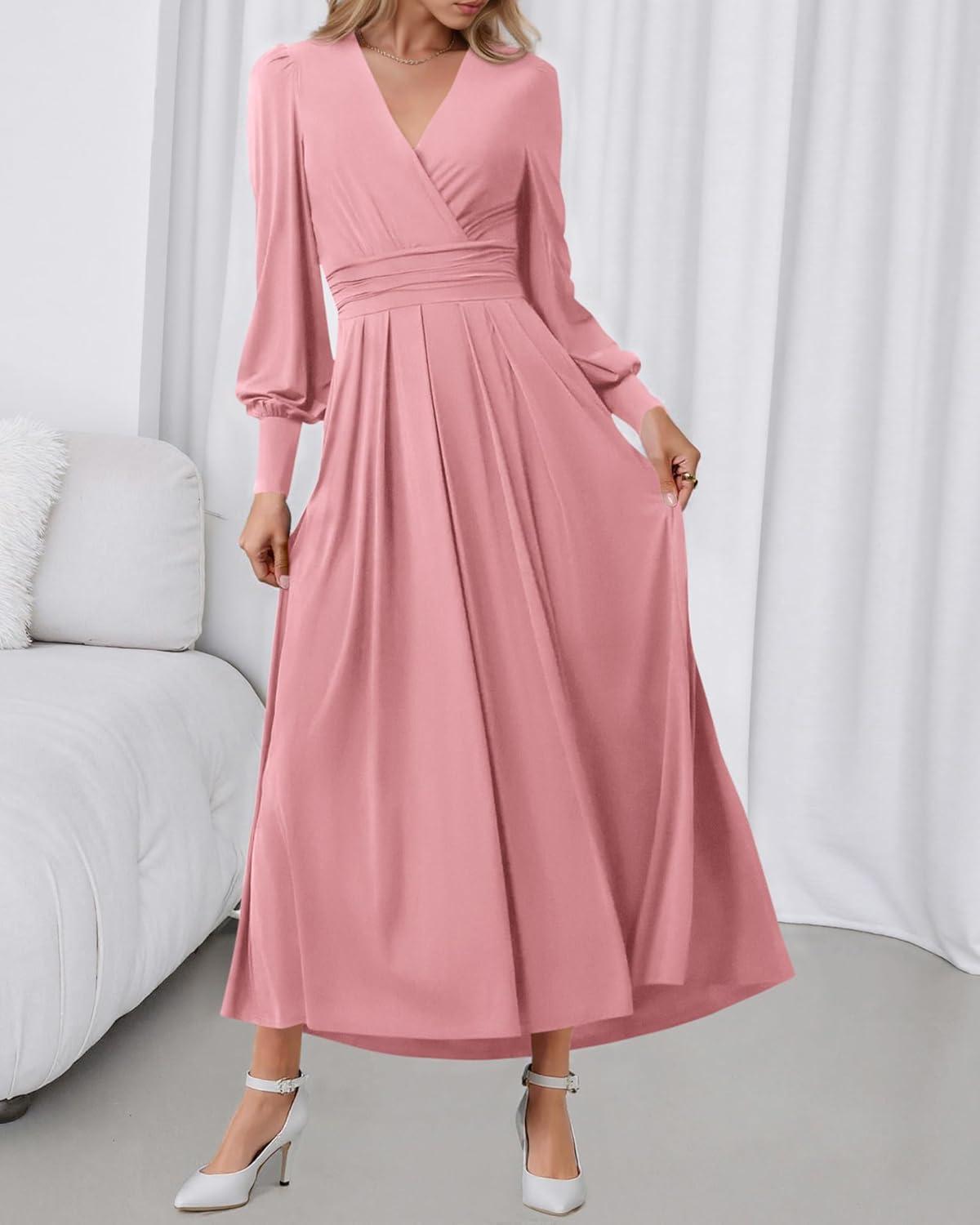 imageBTFBM Womens Long Sleeve Maxi Dress Fall 2025 Casual V Neck Knit A Line Flowy Pockets Elegant Party Wedding Guest DressesPink