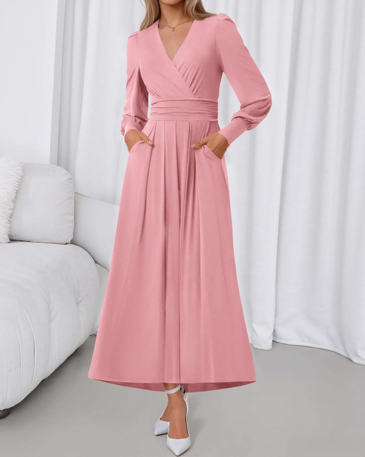 imageBTFBM Womens Long Sleeve Maxi Dress Fall 2025 Casual V Neck Knit A Line Flowy Pockets Elegant Party Wedding Guest DressesPink