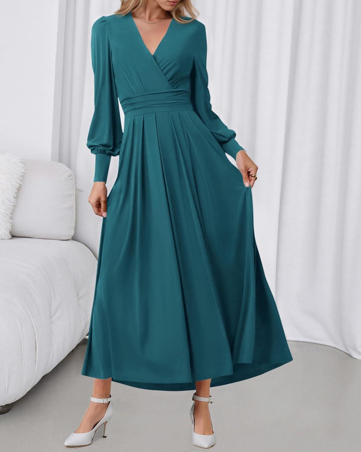 imageBTFBM Womens Long Sleeve Maxi Dress Fall 2025 Casual V Neck Knit A Line Flowy Pockets Elegant Party Wedding Guest DressesTeal