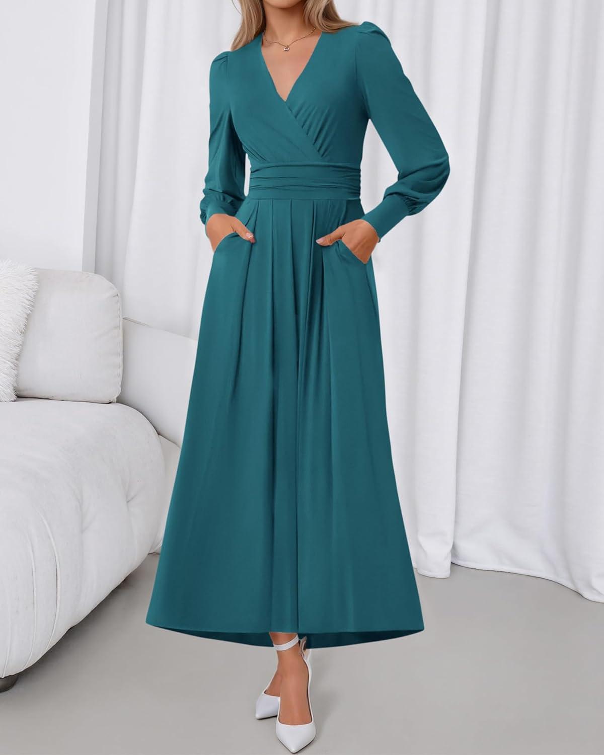 imageBTFBM Womens Long Sleeve Maxi Dress Fall 2025 Casual V Neck Knit A Line Flowy Pockets Elegant Party Wedding Guest DressesTeal