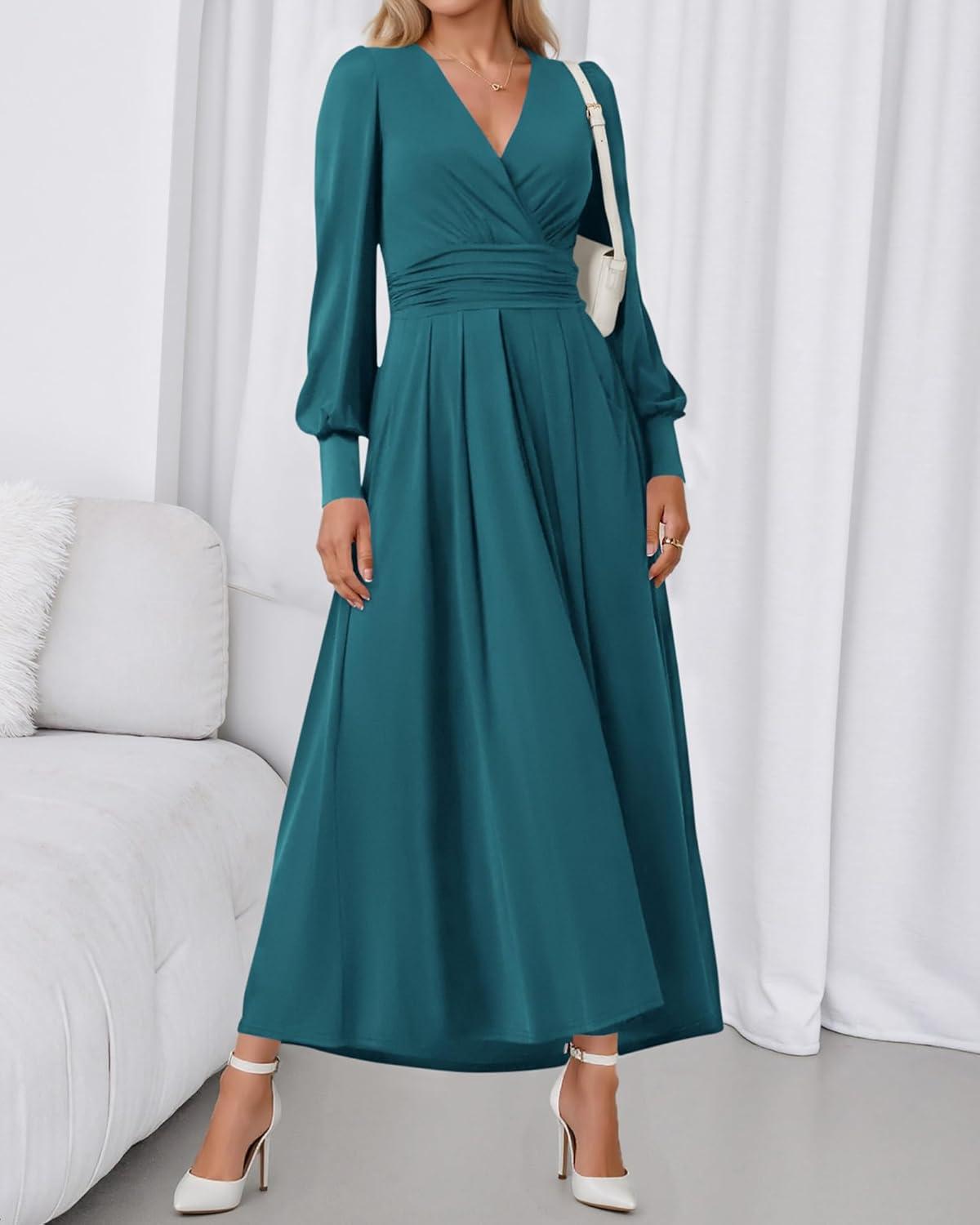imageBTFBM Womens Long Sleeve Maxi Dress Fall 2025 Casual V Neck Knit A Line Flowy Pockets Elegant Party Wedding Guest DressesTeal