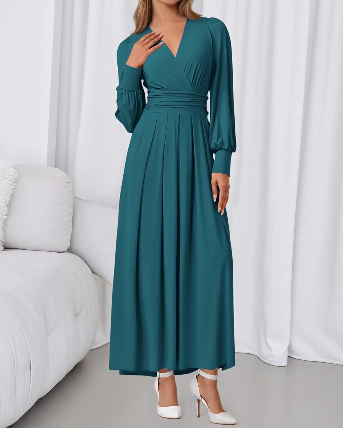 imageBTFBM Womens Long Sleeve Maxi Dress Fall 2025 Casual V Neck Knit A Line Flowy Pockets Elegant Party Wedding Guest DressesTeal