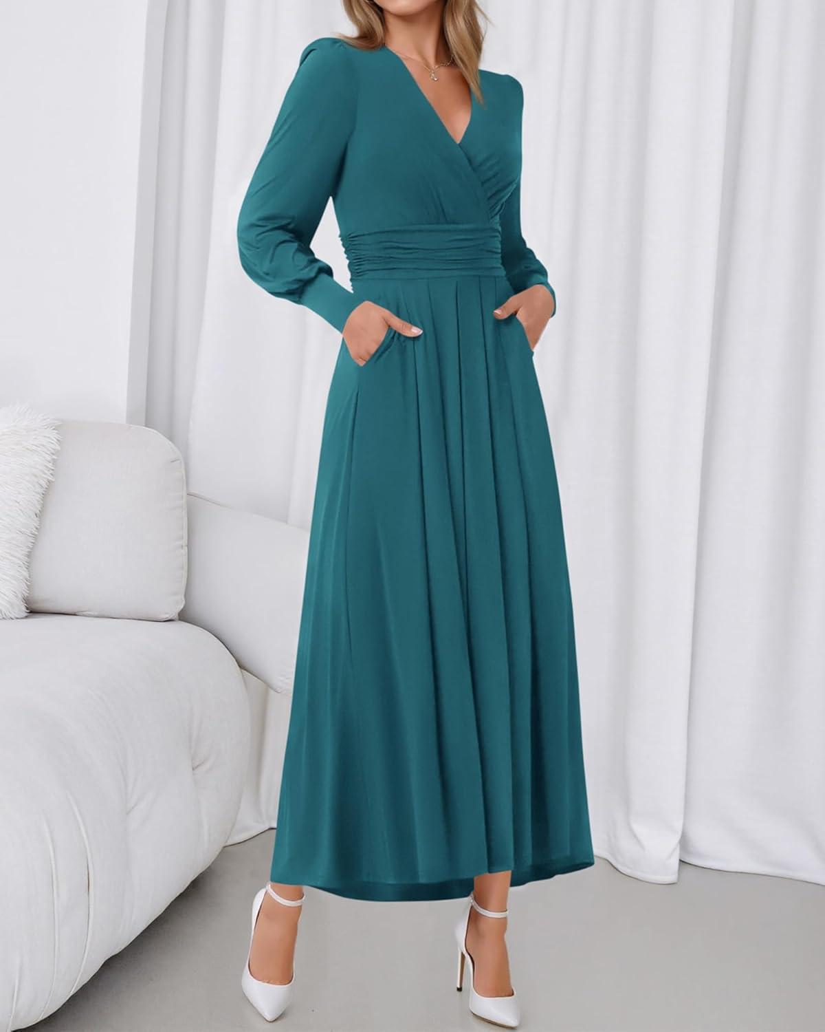 imageBTFBM Womens Long Sleeve Maxi Dress Fall 2025 Casual V Neck Knit A Line Flowy Pockets Elegant Party Wedding Guest DressesTeal